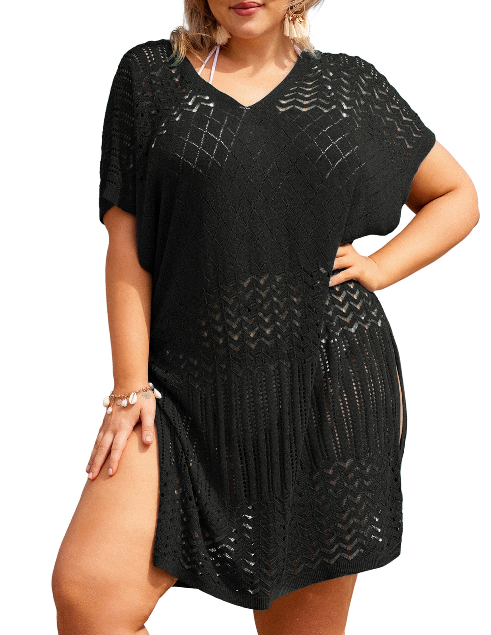 Hanna Nikole Plus Size Swimsuit Cover Up Women Split Hem Crochet Coverups Swimwear Cool Pullover Bathing Suit Cover