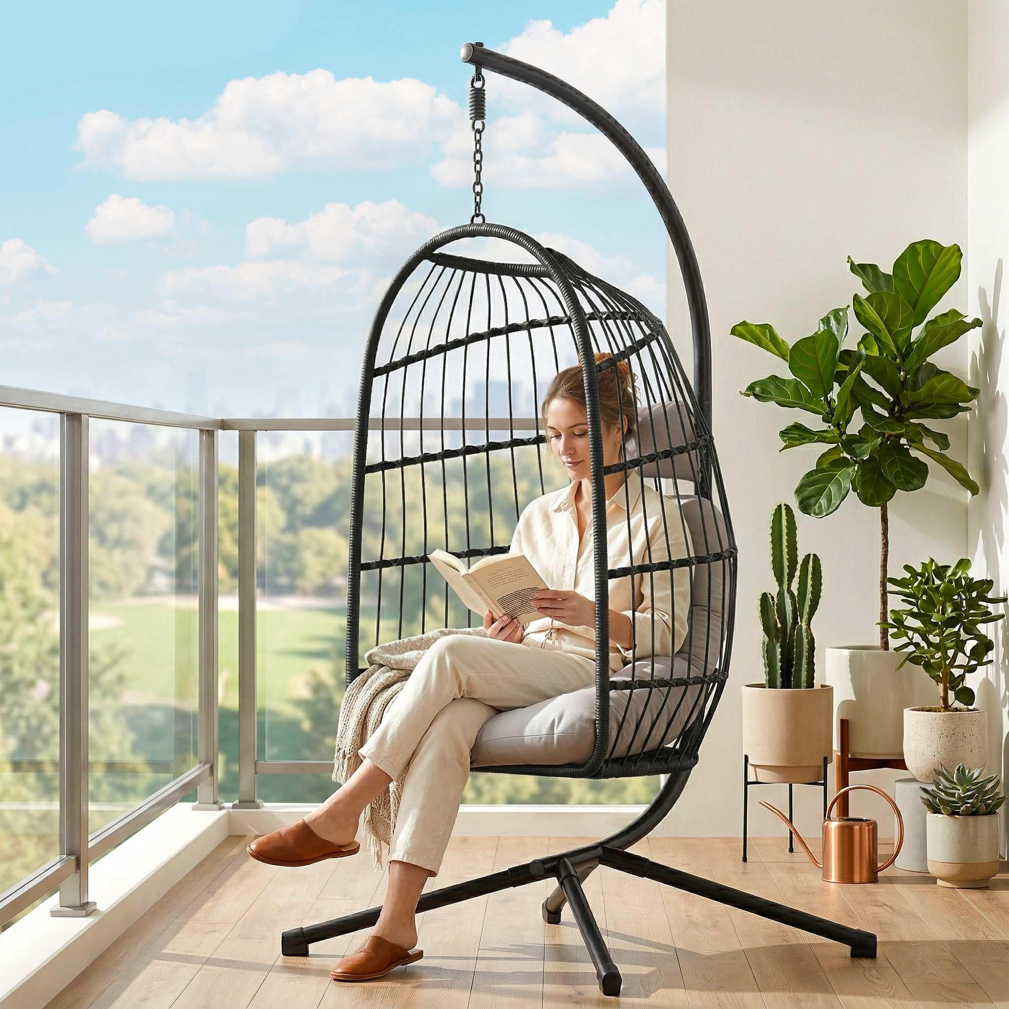 Outsunny Fauteuil Œuf Suspendu Pliable avec Support - Balançoire de Jardin avec Coussin 15cm et Appui-tête - Chaise Suspendue Intérieure et Extérieure, Nacelle Pliable Gain de Place, Noir et Gris