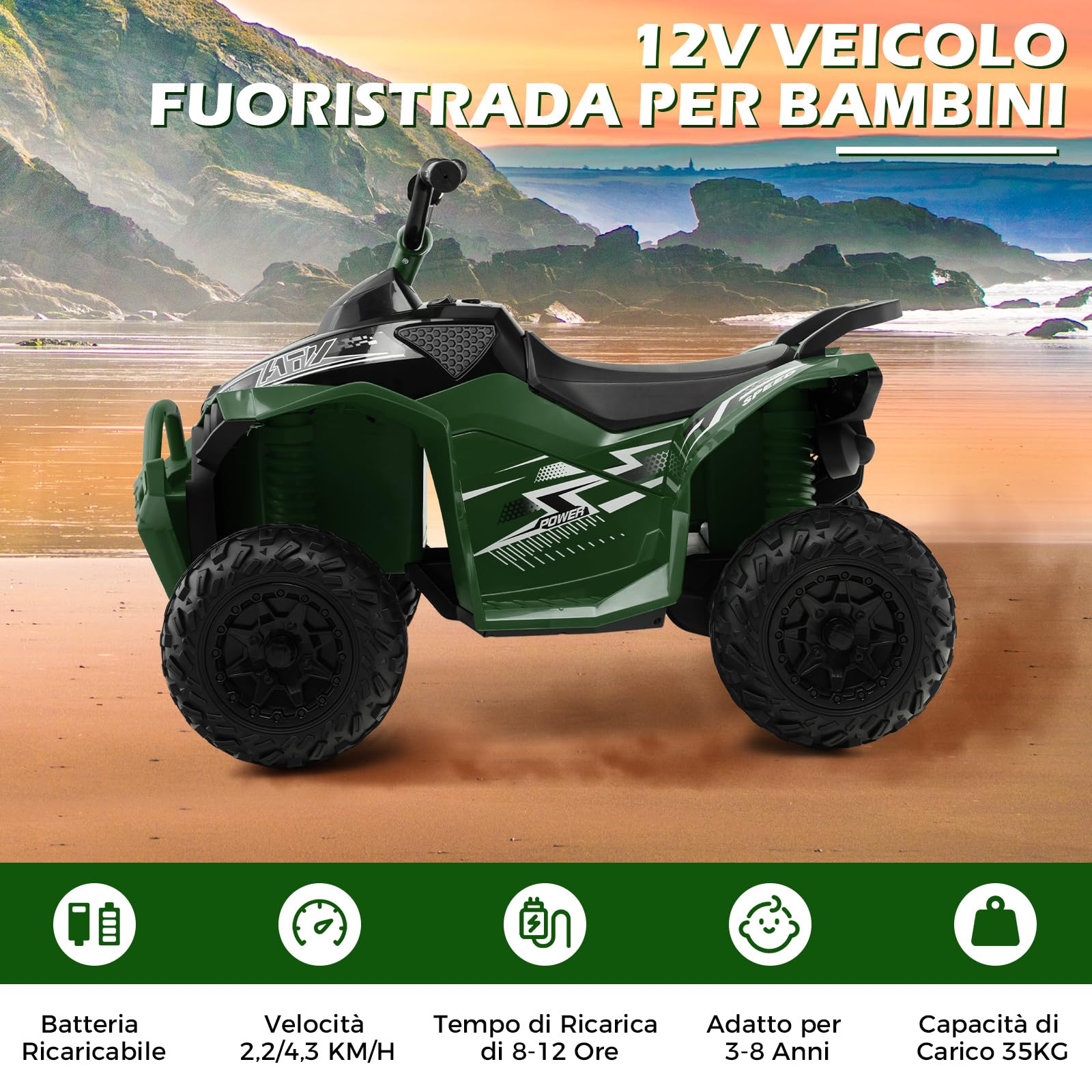 COSTWAY 12V Quad Elettrico per Bambini 3 Anni+, 3-5 km/h (Verde) | Macchina Elettrica con Velocità Alta/Bassa, Sedile Comodo Fari Corno e Musica, Auto Elettrica Cavalcabile