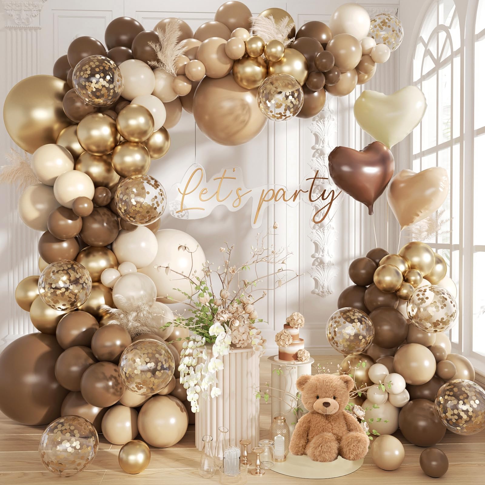 Brown Gold Balloon Garland Arch Kit, 18 12 10 5 inch Different Sizes Brown Beige Nude Metallic Confetti Gold Balloons for Birthday Party Netural Bear Baby Shower Decorations