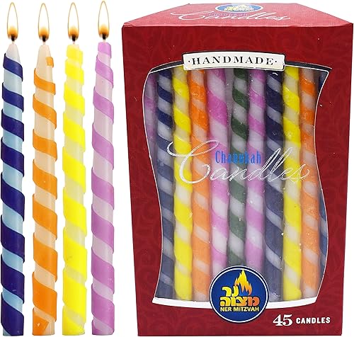 Ner Mitzvah Velas de Janucá sin goteo de tamaño estándar, velas de Hanukkah multicolor en espiral que se adaptan a la mayoría de menorás, cera de