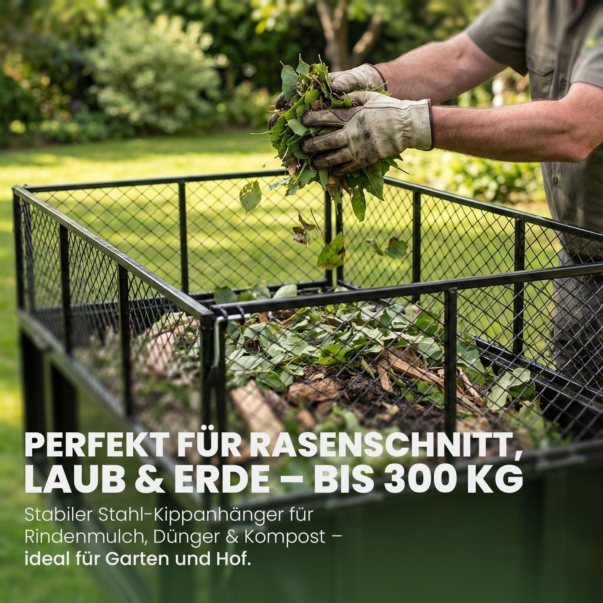 CLP ATV Kippanhänger 300kg für Rasentraktor, Gartenanhänger mit Gitteraufsatz, klappbaren Bordwänden, Universal-Kupplung, schwarz