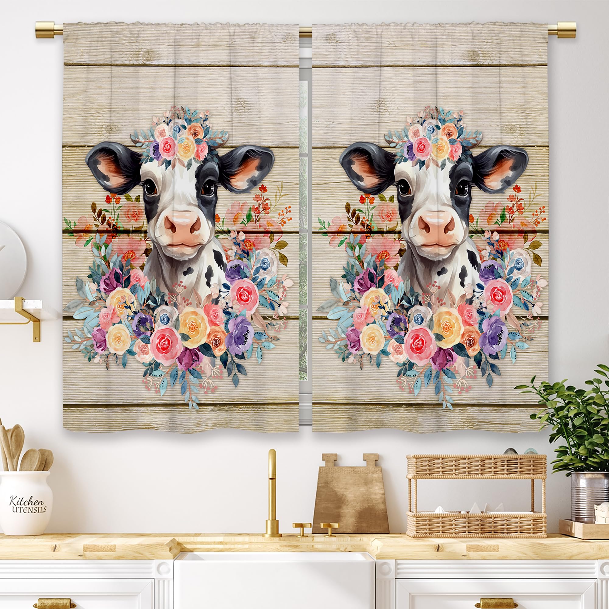 Farmhouse Cute Highland Cow Kitchen Curtains Wooden Flower Bull Farm Country Small Short Cafe Curtains Animal Rod Pocket Bathroom Window Drapes Treatment Tier Curtains 2 Panels (27.5x39 Inch)