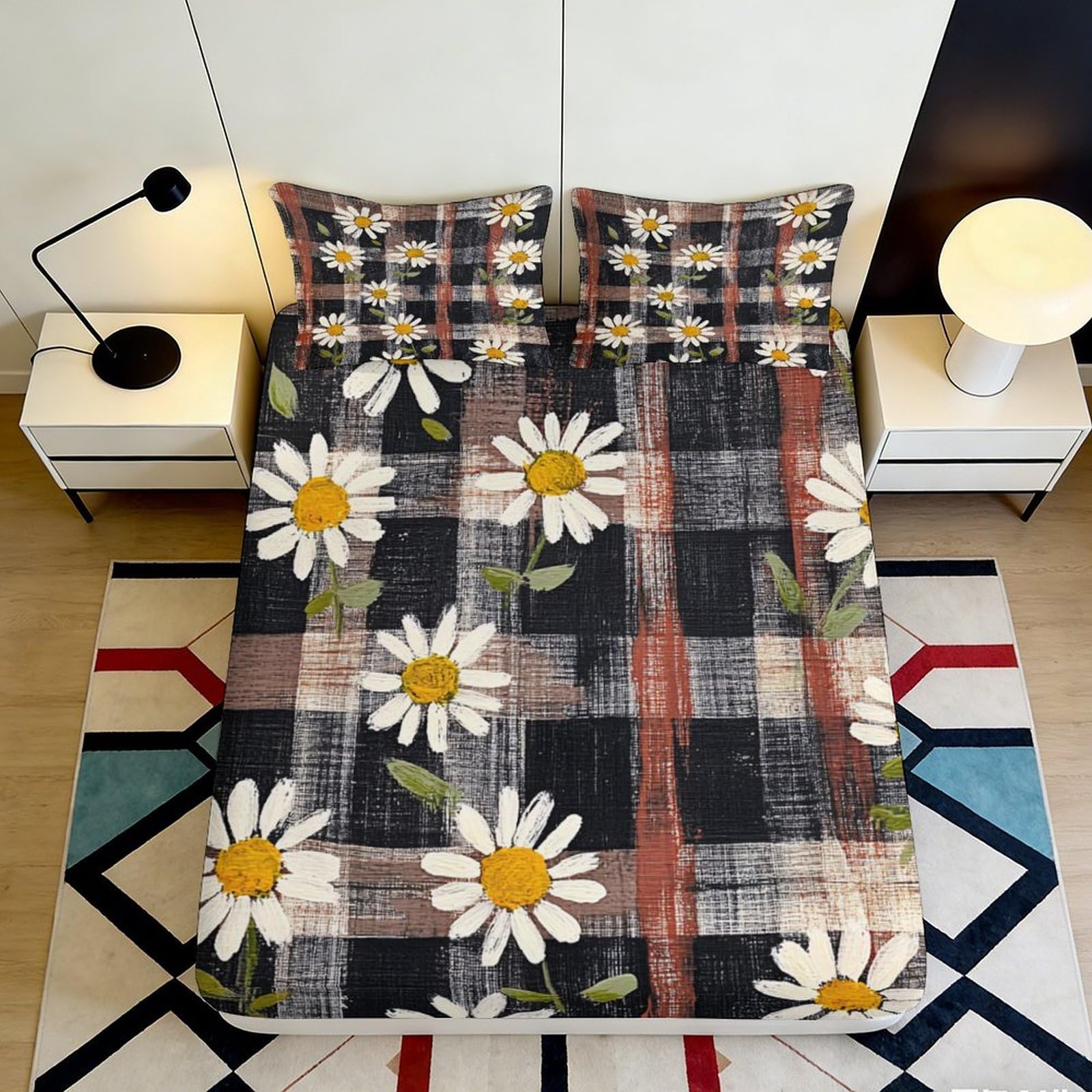 3D Printed Daisy Plaid Fitted Sheet Microfiber Soft Bedroom Decor Mattress Cover Non-slip Machine Washable 90x200x25cm