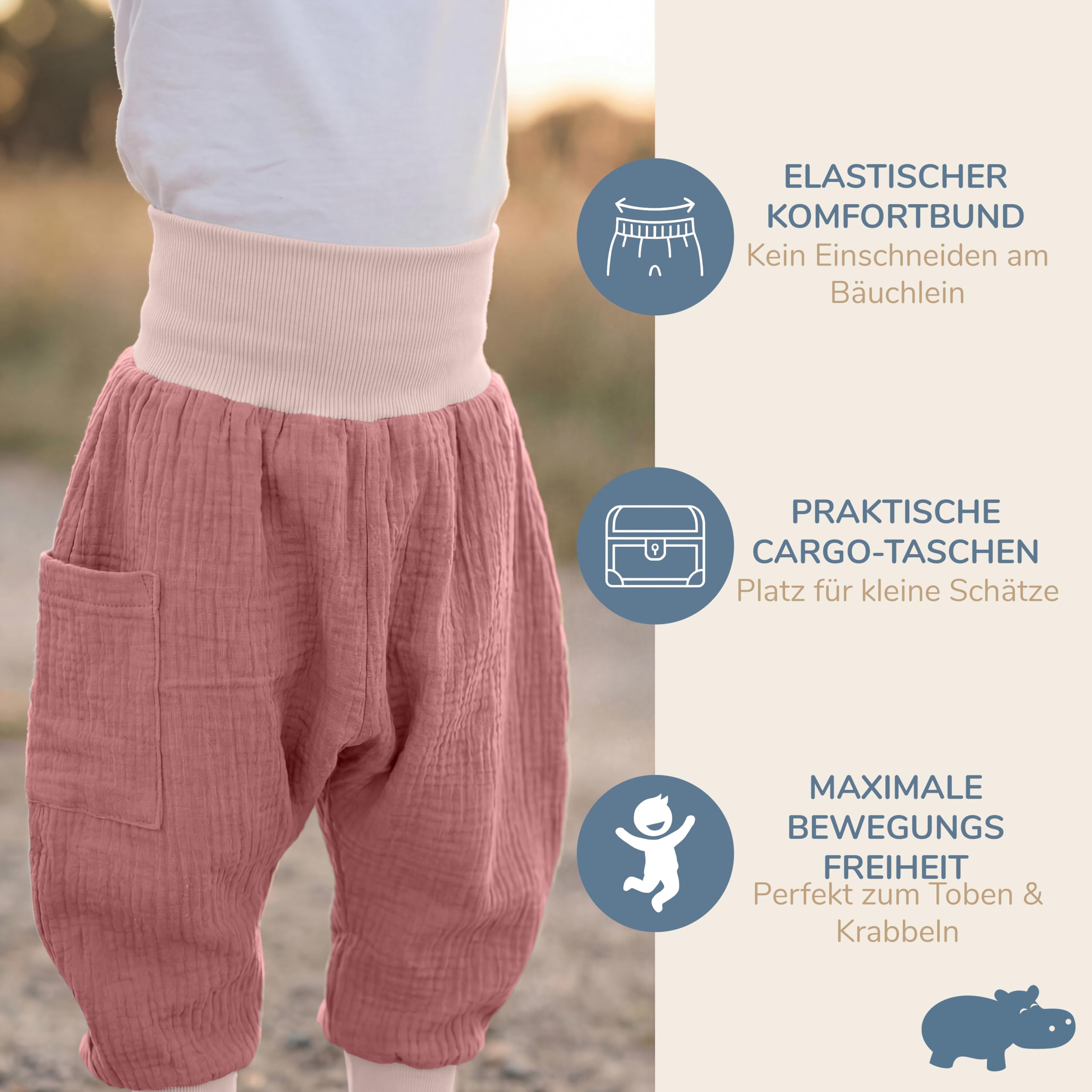 Baby Pumphose – 100% GOTS Bio-Musselin – Extra Weite Haremshose mit elastischen Bündchen für maximale Bewegungsfreiheit – Luftige Pluderhose