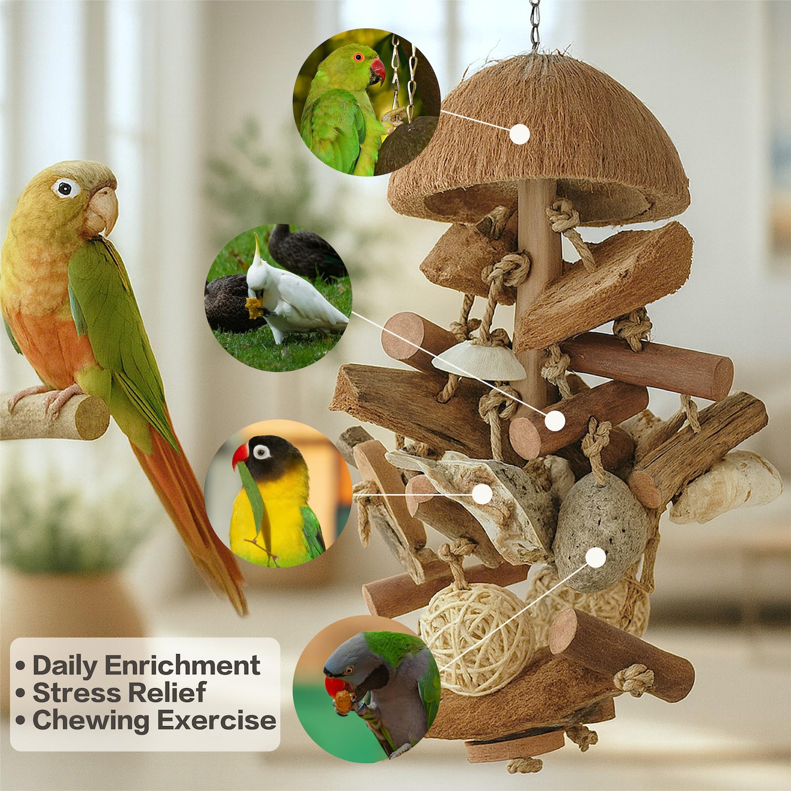 JoyGinBStiao Bird Toys with Natural Coconut Shell - 18in Handmade Hanging Shredding & Foraging Toy with Wood Blocks, Lava Stones, Parrot Toys for Cockatiels, Conures, Parakeets - image 6