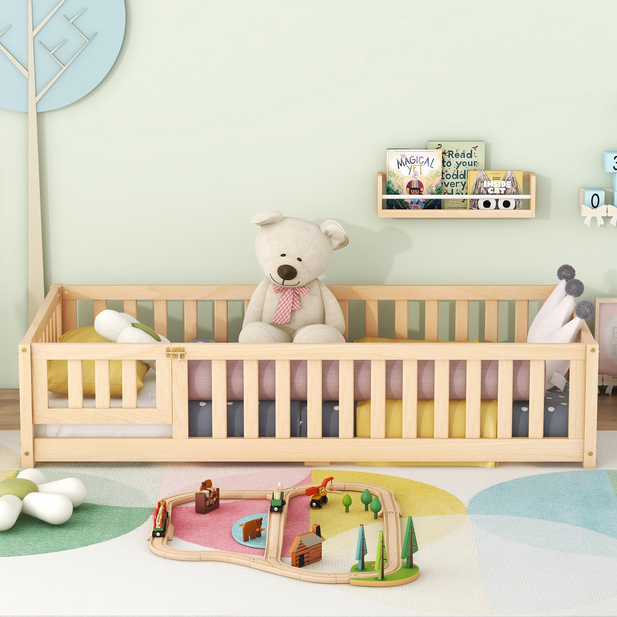 SOFTSEA Twin Size Bed for Kids, Floor Bed Frame with Guardrails and Door, Solid Wood Bed Frame with Fence, Kids Playroom, No Box Spring Needed, Natural