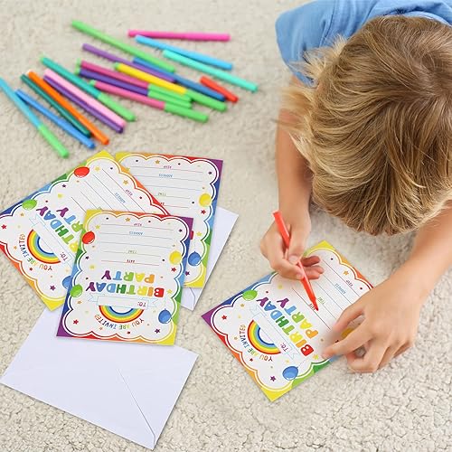 Miniatura 6 de Paquete de 30 invitaciones de fiesta de cumpleaños arcoíris para niños y niñas, invitaciones de cumpleaños con 30 sobres blancos y 30 etiquetas