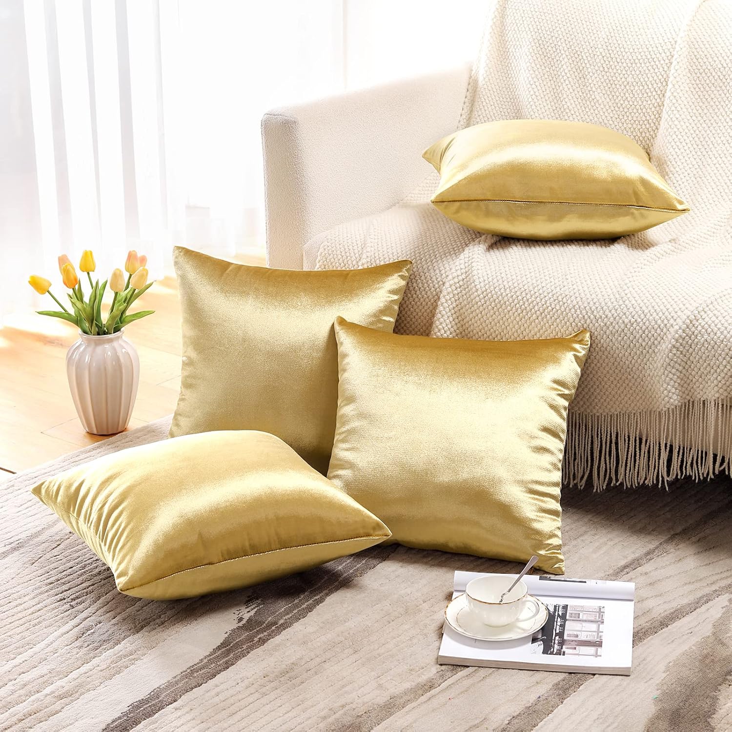 OTOSTAR Set of 4 Decorative Throw Pillow Covers Soft Velvet Solid Square Pillow Cases Luxury Cushion Covers Case for Sofa Car Patio Bedroom Living Room 18x18 Inch, Gold