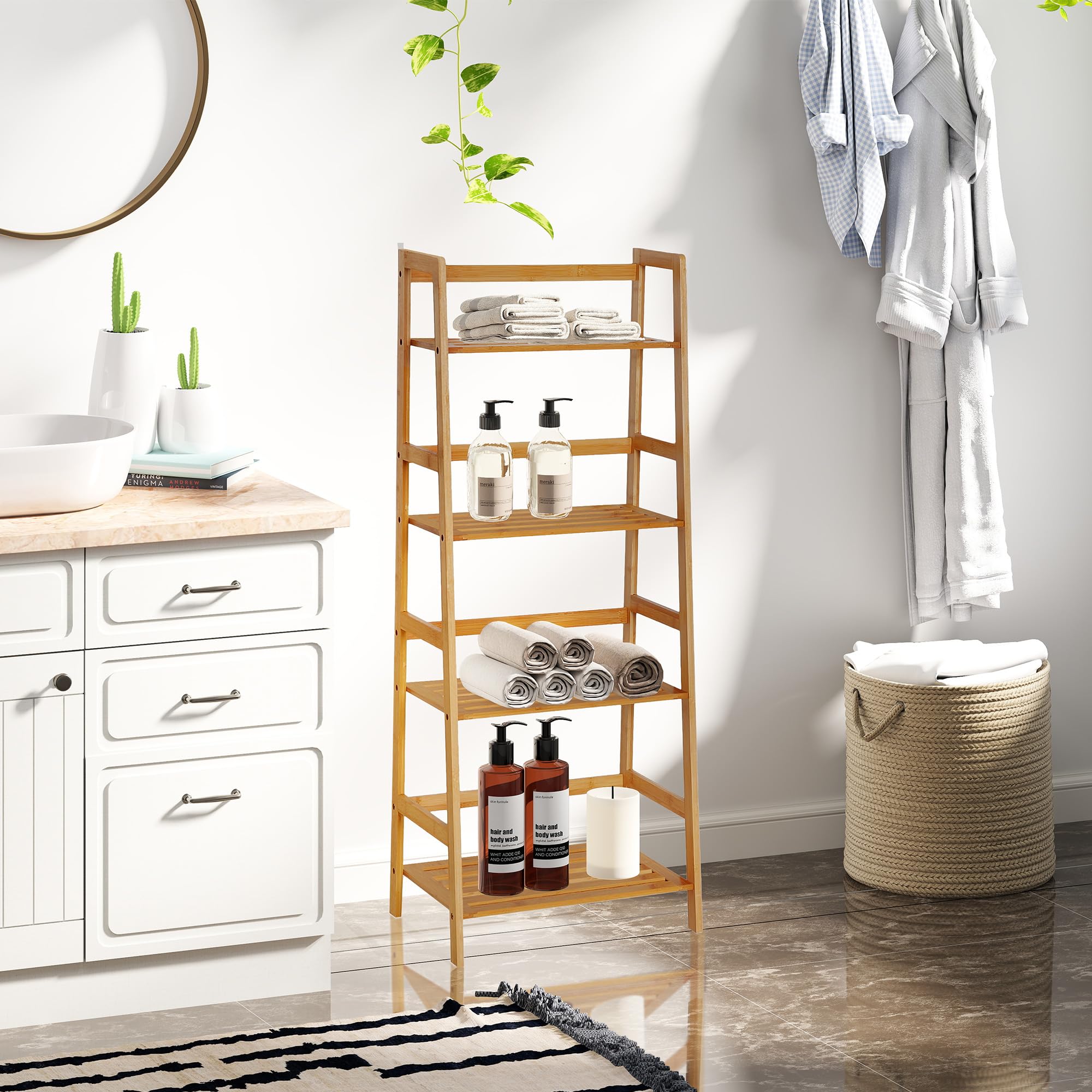 HOMCOM Bibliothèque étagère en Bambou à 4 Niveaux, présentoir de Plantes au Sol, étagère échelle pour Salon, Cuisine, Salle de Bain, Bureau, 48 x 31,5 x 120 cm, Bois Naturel