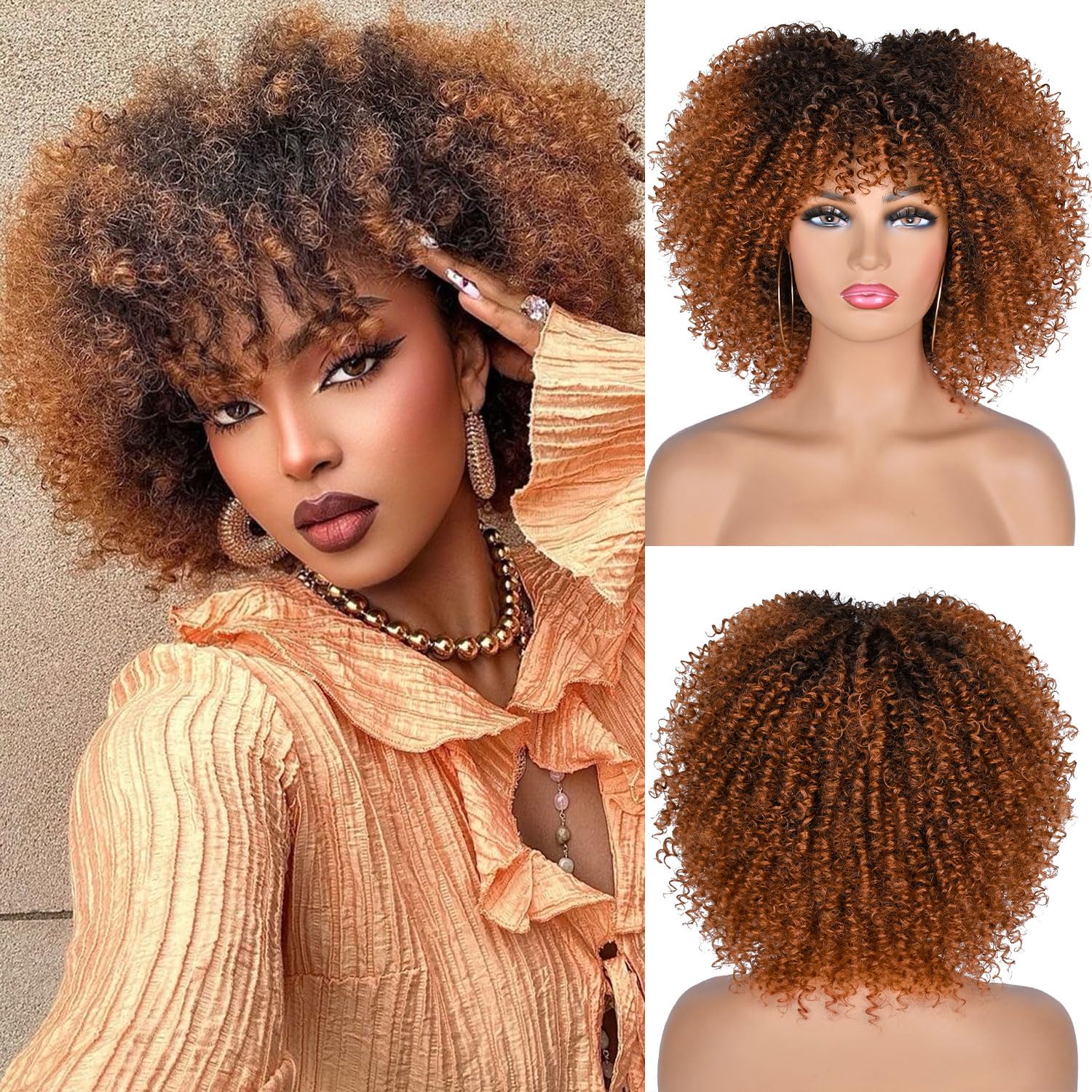 CoCrowns 10Inch Short Curly Afro Wigs with Bangs Bomb Afro Kinky Curly Wig for Black Women Synthetic Fiber Full Wig (Ombre Brown)