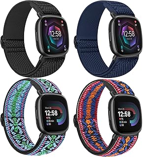 Nidoujin Elastic Bands Compatible for Fitbit Versa 4/Fitbit Sense 2 Straps/Fitbit Versa 3/Fitbit Sense Bands Men Women, 4 Pack Adjustable Breathable Stretchy Nylon Loop Sports Replacement Wristband