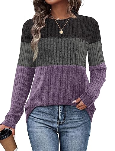 WIHOLL Womens Sweaters Trendy Color Block Tops Long Sleeve Shirts Fall Outfits Early Fall Fashion 2025 Winter Clothing - Unique Grey Purple - Large
