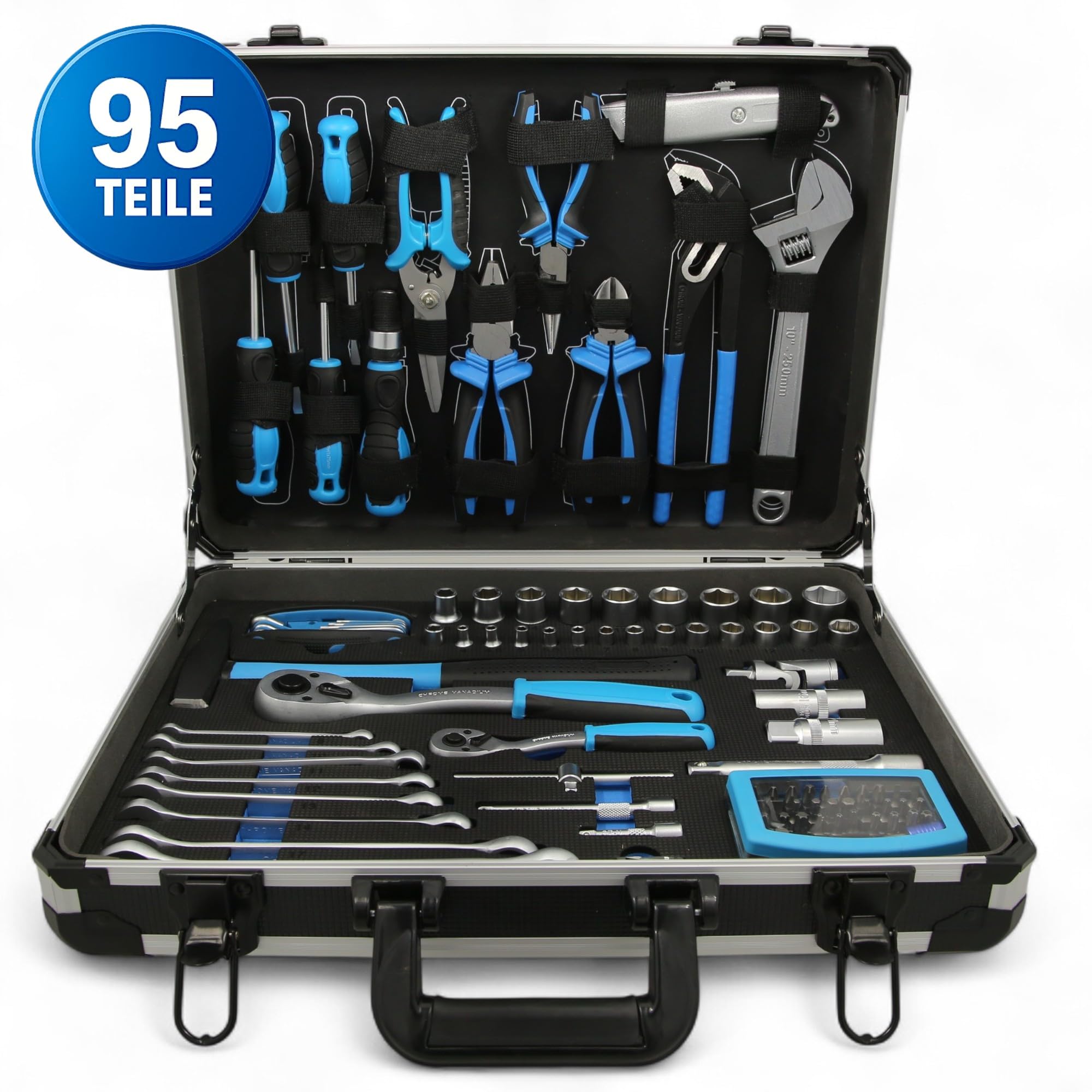 ATF Premium Werkzeugkoffer/Werkzeug-Set gefüllt 95-tlg CV, Ratsche, Steckschlüssel, Gabelschlüssel, Bits, Schraubendreher und Zangen, Ideal für Umzug, Geschenkidee, Alu-Koffer bestückt