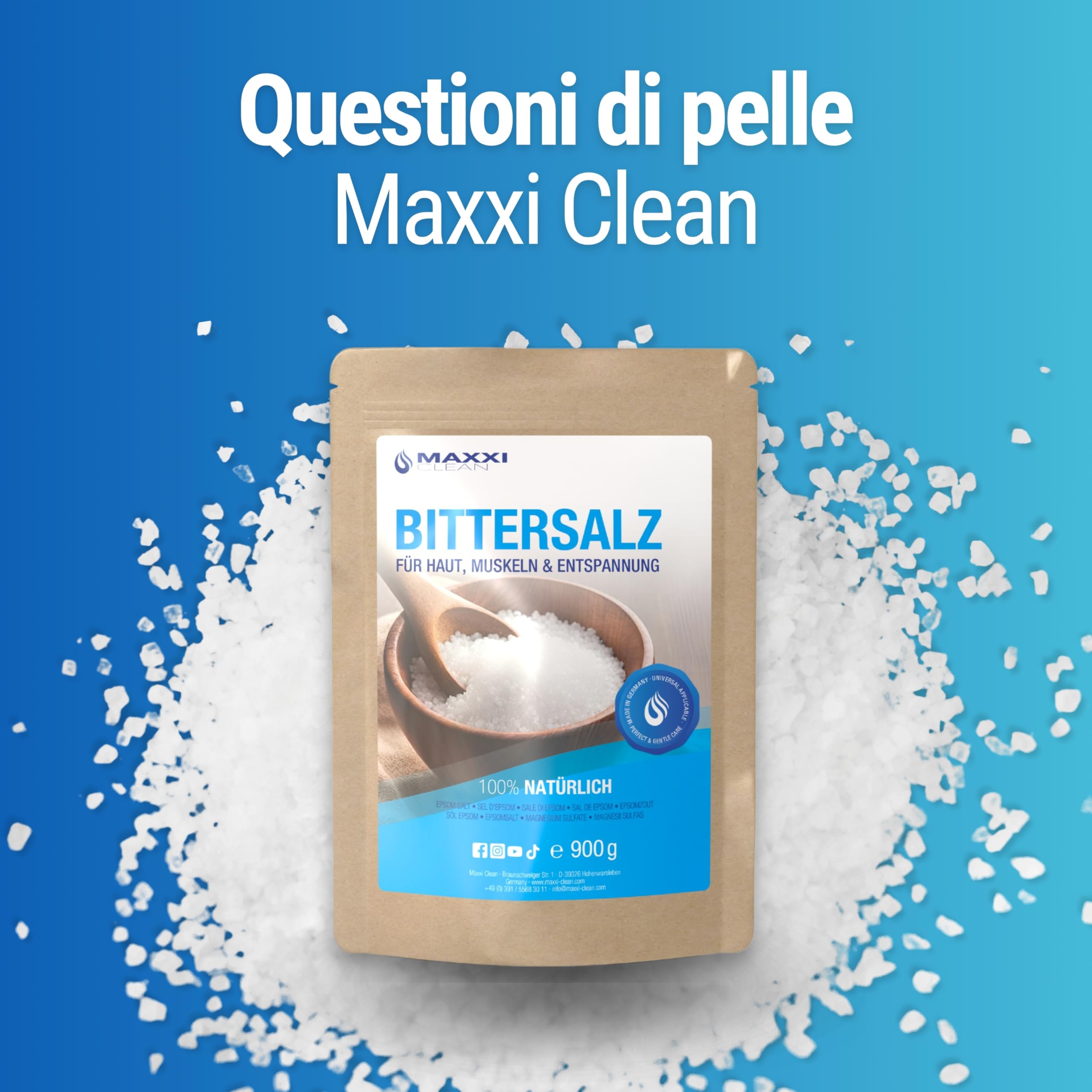 Maxxi Clean | 900 g di sale Epsom altamente puro | Sale da bagno per benessere e peeling del corpo | Solfato di magnesio per muscoli, pelle e anima | Magnesio adatto alla cura del giardino
