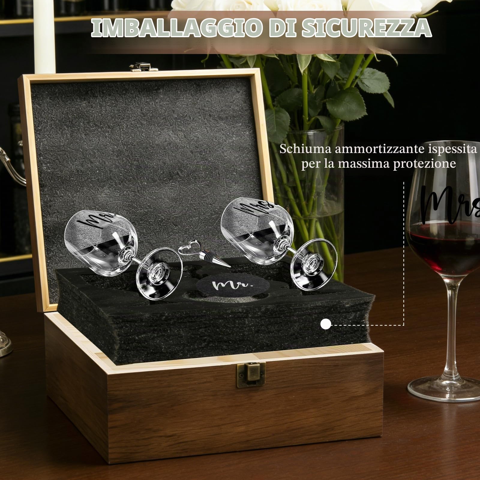 Regali di nozze per coppia di sposi Mr & Mrs, 2 bicchieri da vino con incisione e 1 chiusura del vino e 2 sottobicchieri, regalo di fidanzamento personalizzato in scatola di legno, regalo per