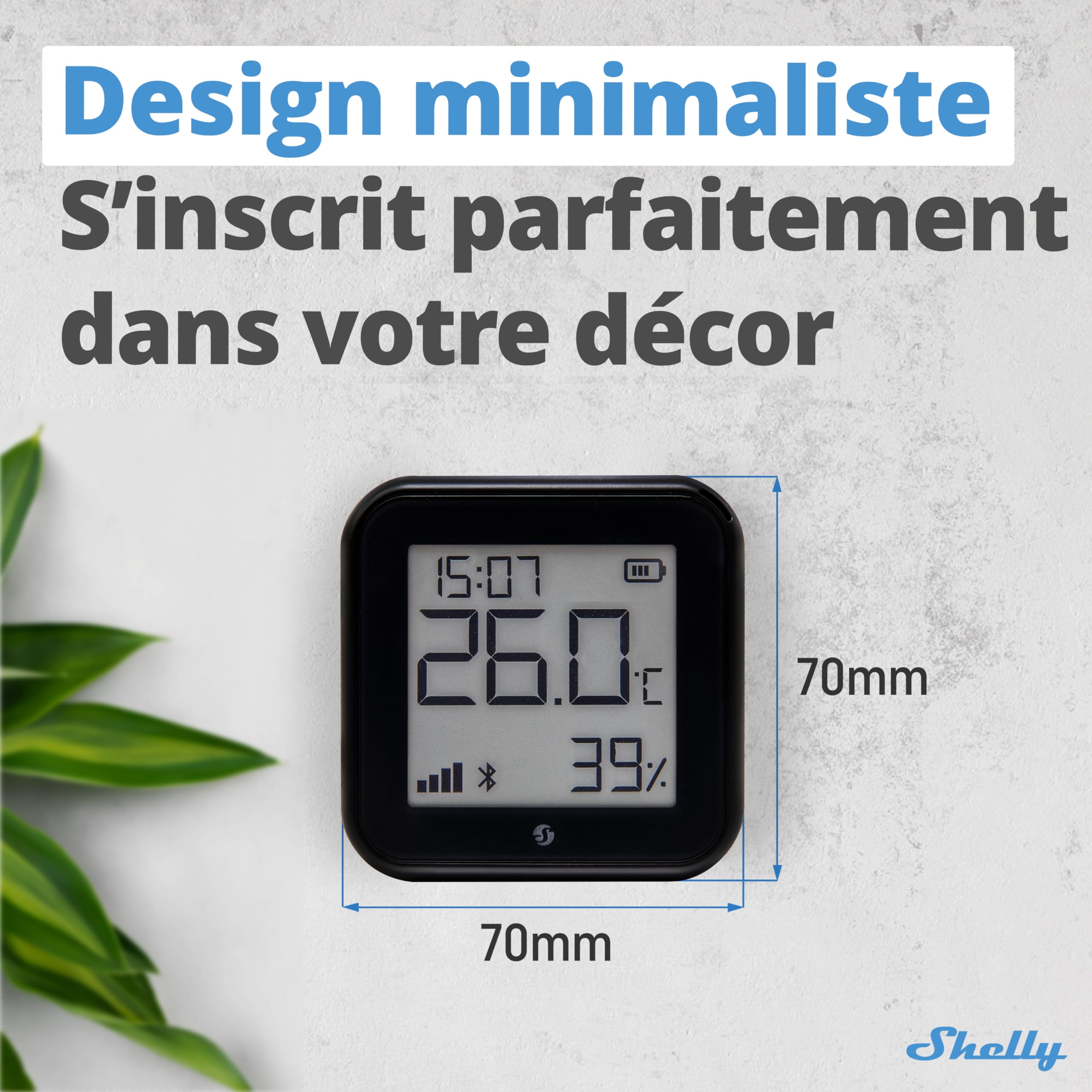 Shelly H&T Gen3 Noir Capteur de température et d'humidité connecté Wi-Fi Thermomètre Hygromètre intérieur extérieur Écran eink Horloge digitale