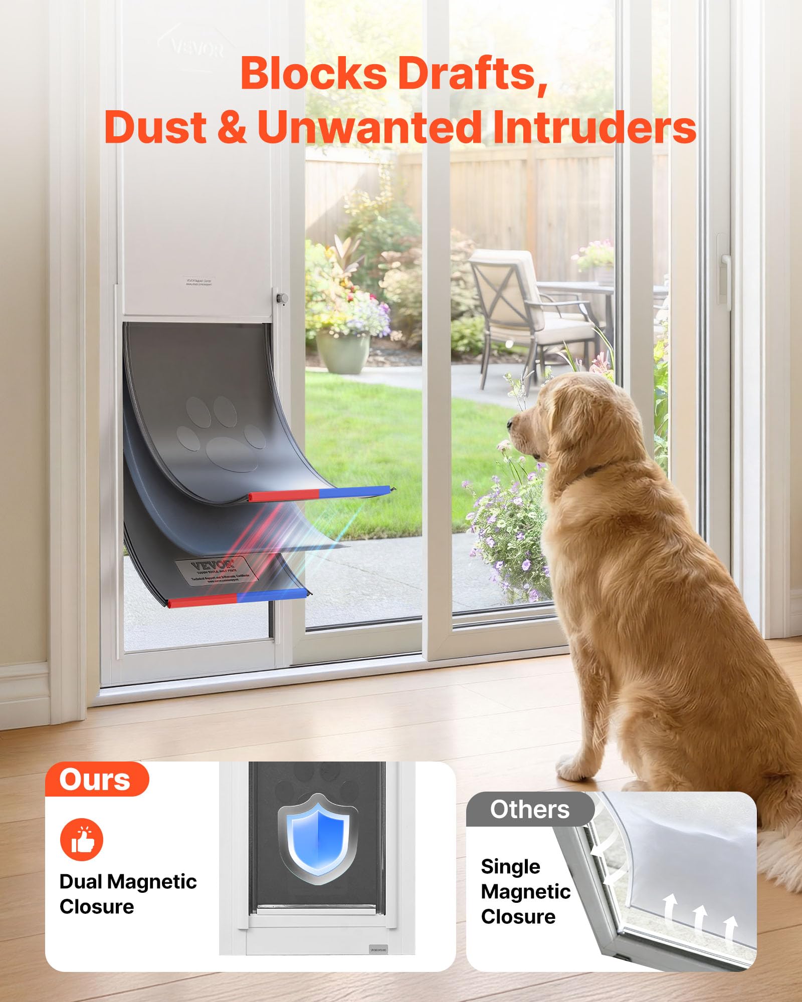 VEVOR Puerta Corrediza de Vidrio con Entrada para Perros, Altura Ajustable de 1927 a 2049 mm, Marco de Aleación de Aluminio, Puerta para Mascota 34,6 x 60 cm de 3 Capas, Compatible con Perros Grandes