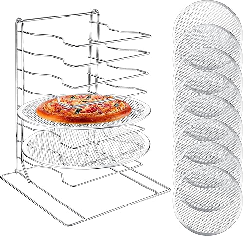 Soporte para pizza de 8 niveles de 16.7 pulgadas de alto x 12 pulgadas de largo x 12 pulgadas de ancho y 8 moldes de pizza de 12 pulgadas con