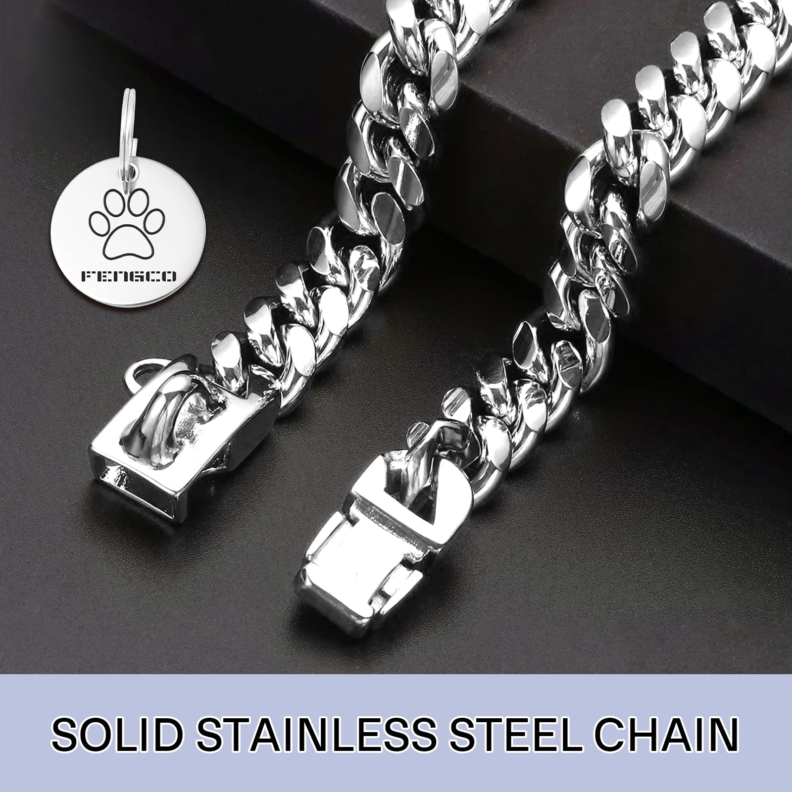 Silver Dog Chain Collar with Dog Tag Pendent Cuban Collar Necklace Metal Chain Collar Stainless Steel Pet Cuban Links Collars for Dogs(20inch) - Image 4
