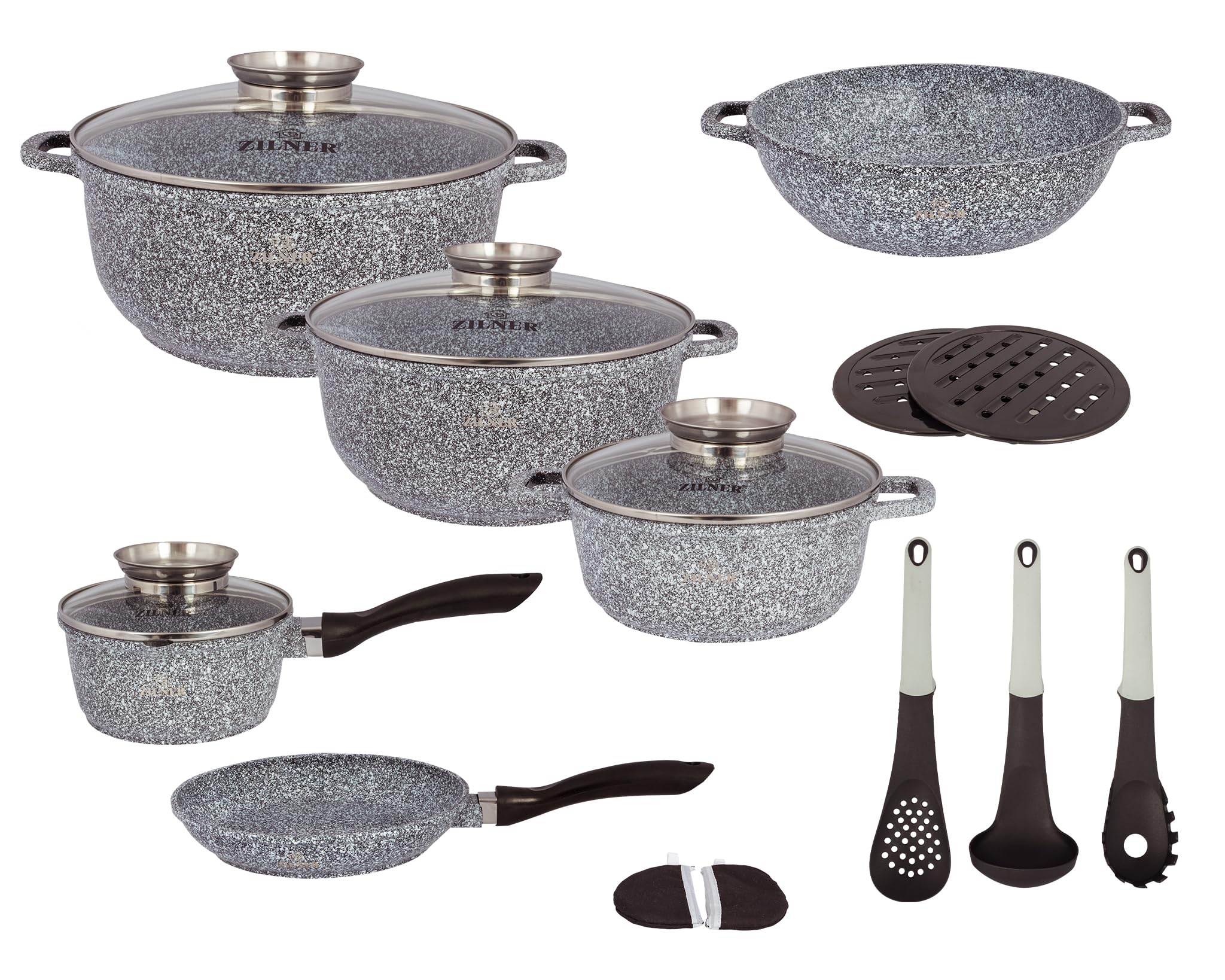 Zestaw Garnków - Powłoka Ceramiczno-marmurkowa - Szklane Pokrywki - Wszystkie Rodzaje Kuchenek - 17 Elementów Szary