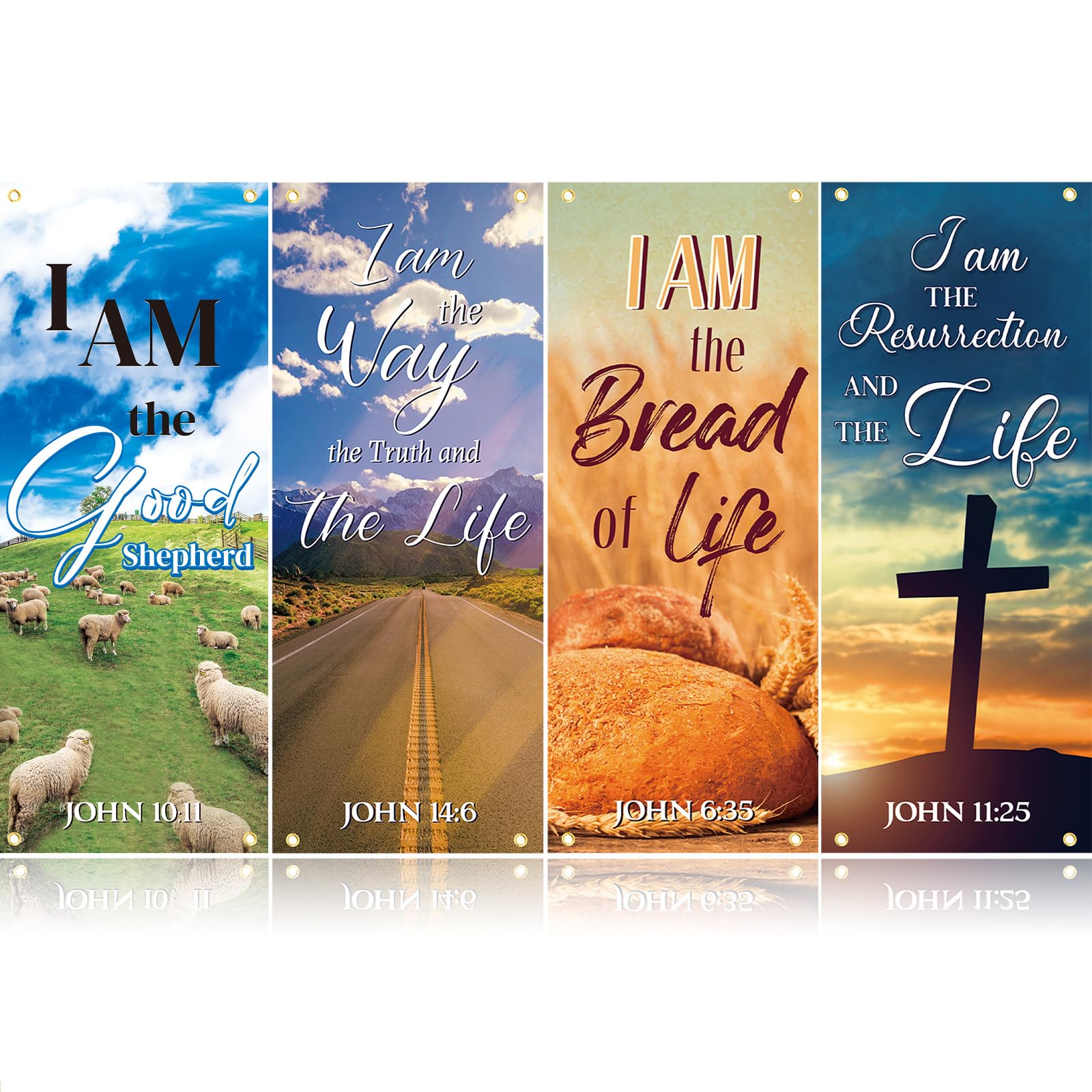 4 Pcs Church Banners with Scripture- I Am The Good Shepherd/way/bread/resurrection for Sanctuary Wall, Christian Praise Worship Bible Signs for Religious Festivals, Church Event, Prayers