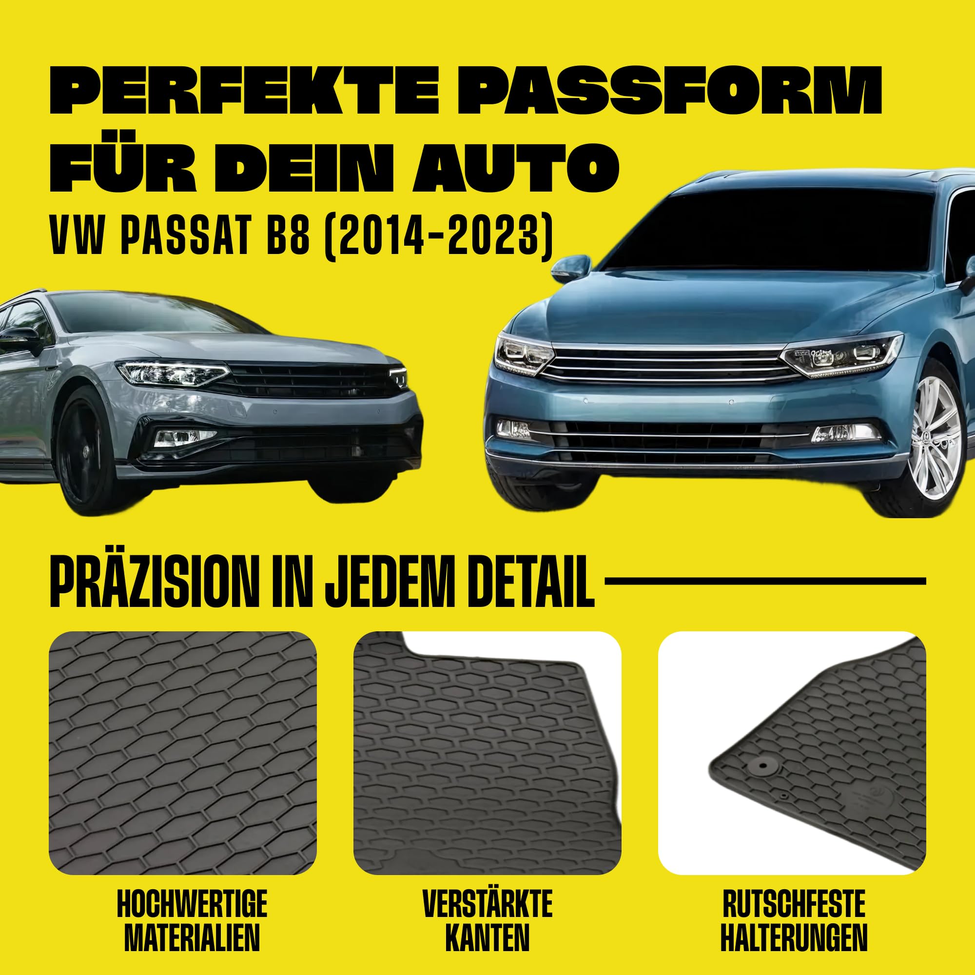 Gama Gummimatten + Mitteltunnelabdeckung Set Für VW Passat B8 (2014-2023) Zubehör — Gummimatten Fussmatten + Tunnelabdeckung Auto | Premium TPE Material | Perfekte Passform | rutschfeste Oberfläche