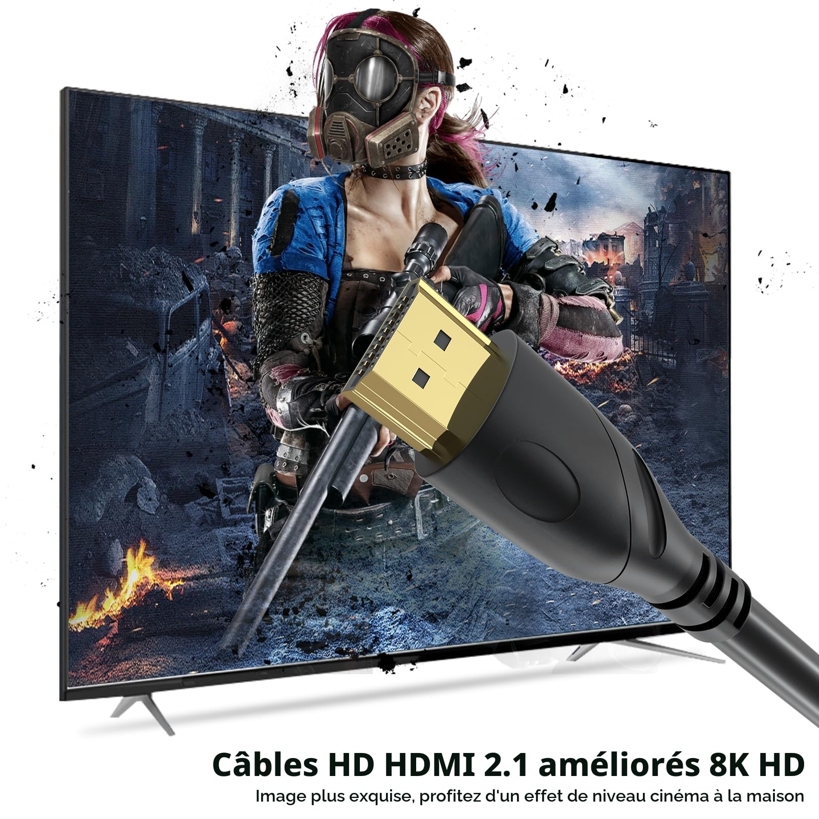 8K/4K câble HDMI 2m(HDMI 2.1,8k@60hz,48gbps&4k@120hz,18gbps) ultra rapide plaqué connecteur,retour Audio Ethernet,vidéo 8K/4k,Full hd1080p,3D-compatible HDTV,Blu-Ray,PC,Xbox, PS3/4/5/9,etc