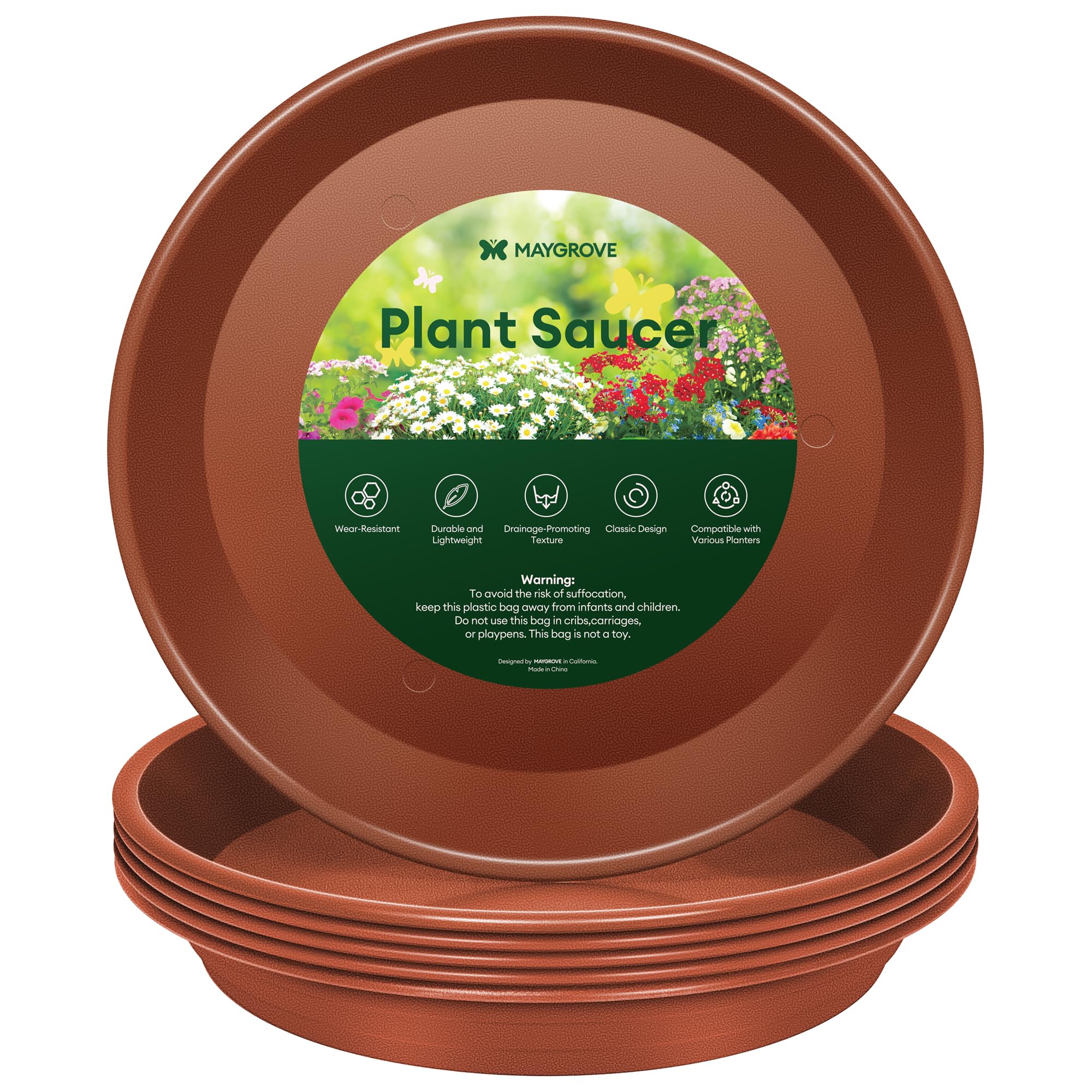 Maygrove 6 Pack Plant Saucer, 8 10 12 inch Plant Saucers for Indoor, Heavy Duty Plastic Plant Trays for pots, Grow Bags, Bird Baths, Flower Drip Trays