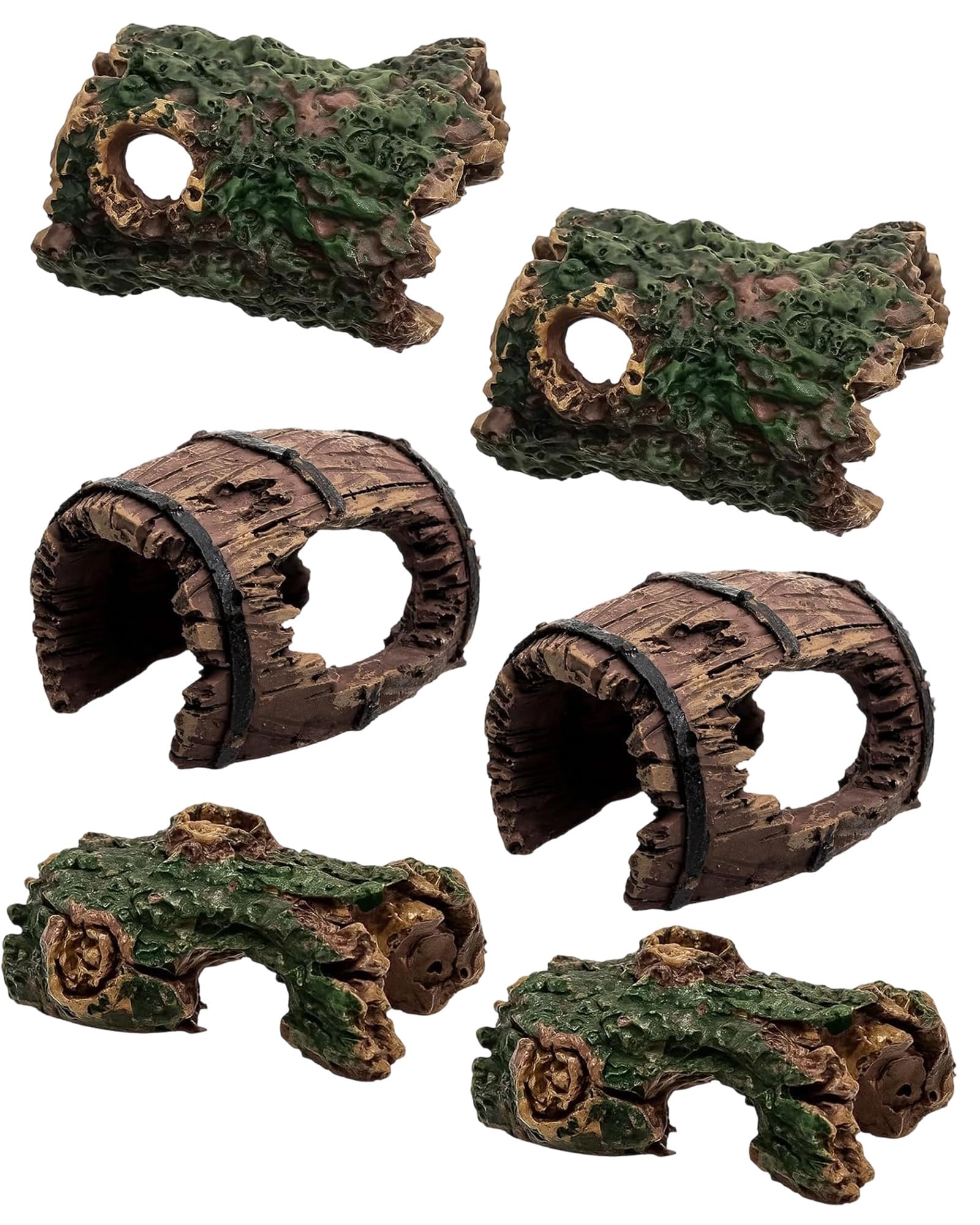 6 Piezas Decoración para Acuario con Cueva y Barril, Tronco Hueco Decorativo de Poliresina, Cueva de Resina, Decoración de Paisaje para Escondite de Reptiles y Hábitat de Peces Betta