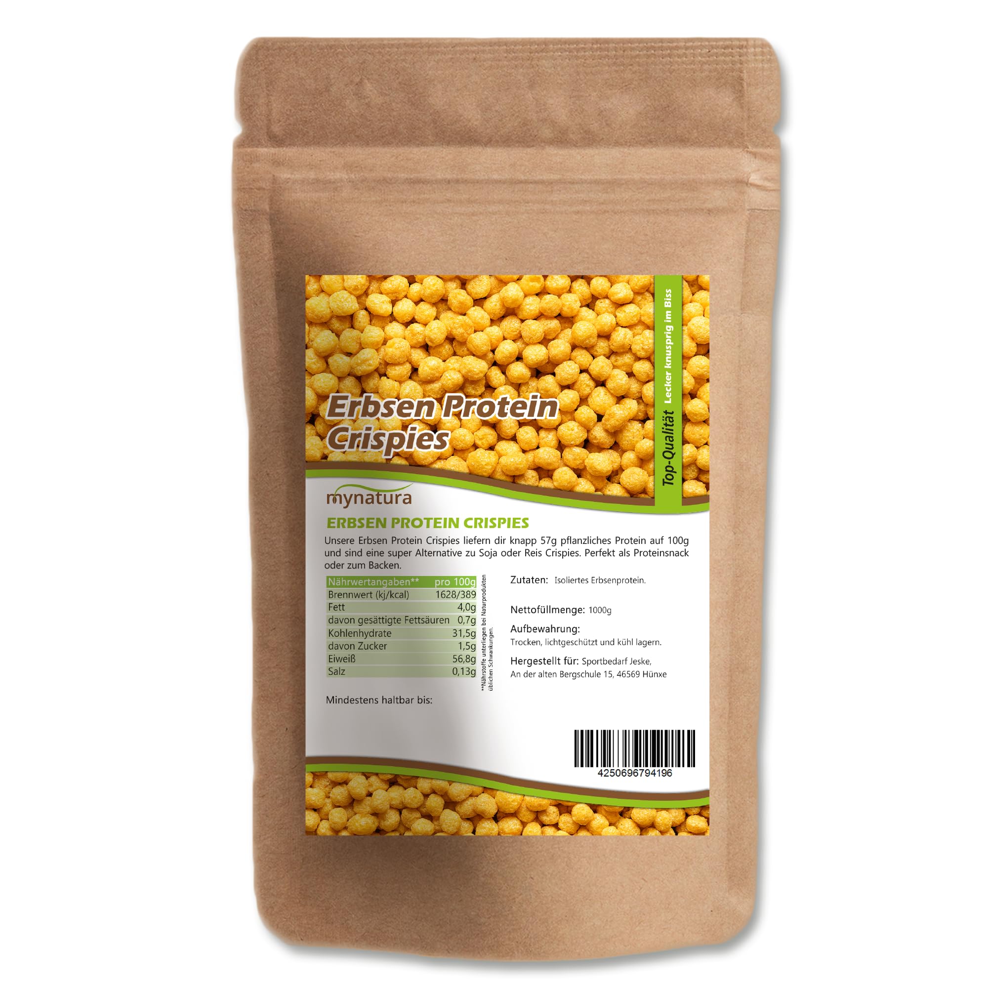 Mynatura Erbsenprotein Crispies | 57% Eiweiß | Pea Protein | Pflanzliches Eiweiß aus Erbsen | Vegane Nahrungsergänzung | Eiweißsnack | Peas (3x1000g)