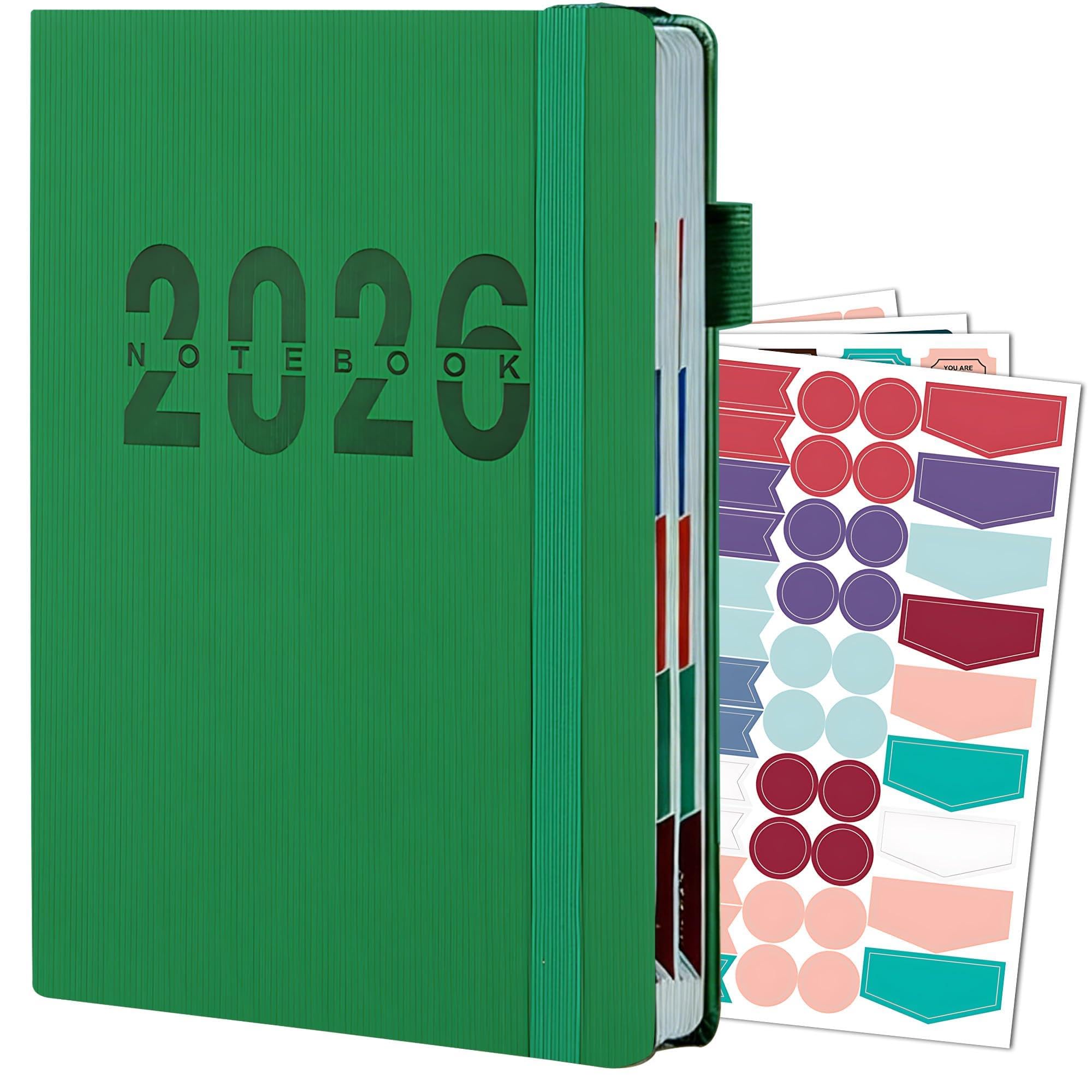 2026 A5 Planner Week To View, 400 Page Thickened Weekly & Monthly Diary, Vertical Line Cover with Pen Loop & Stickers - PU Leather Notebook with Elastic Band, Dark Green