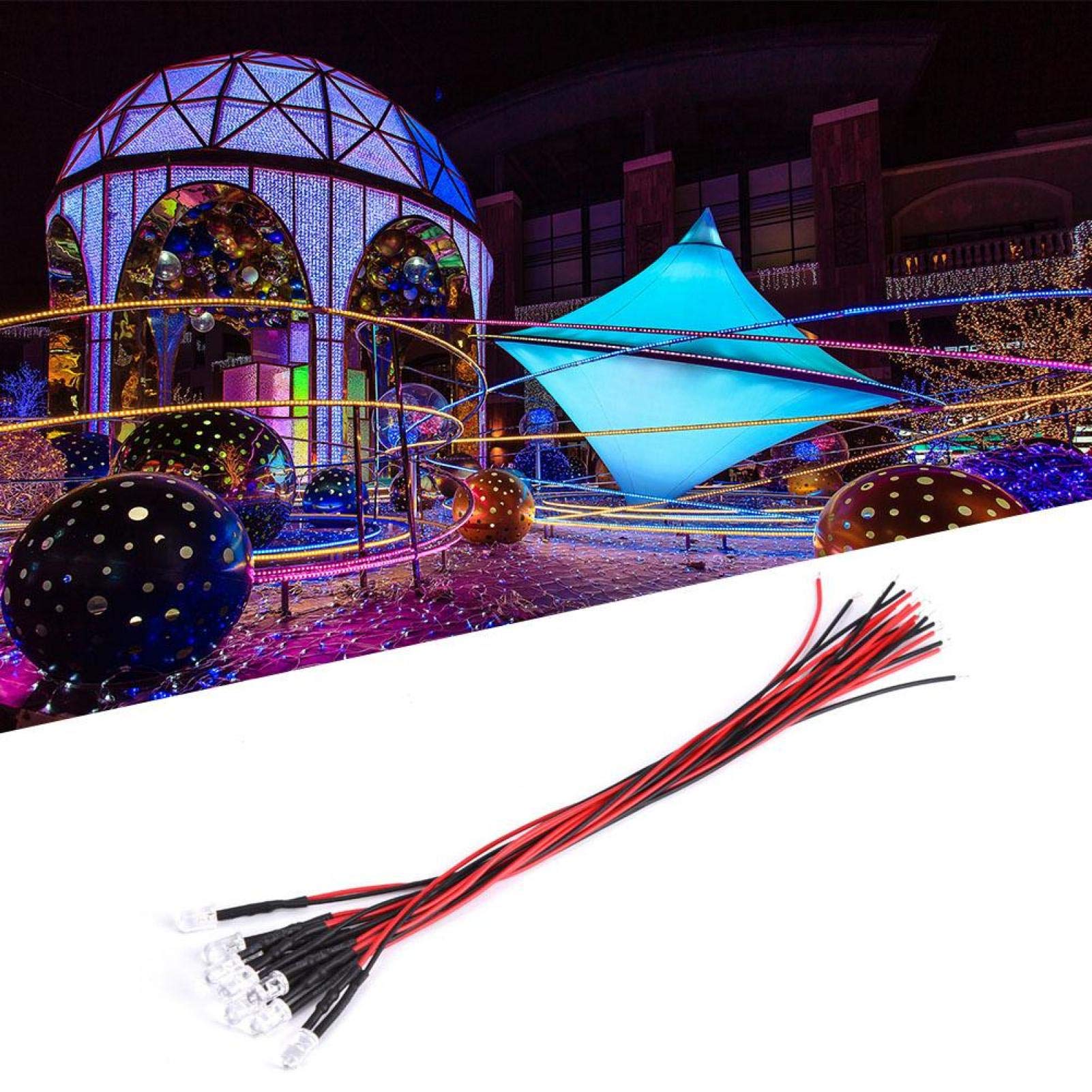 Mini Led Lights Emitting Diode, 12V 5mm Prewired Ice Blue Round Head Lamp Beads with 20cm Wire for DIY Home Light Decorations(10 pcs/Pack)