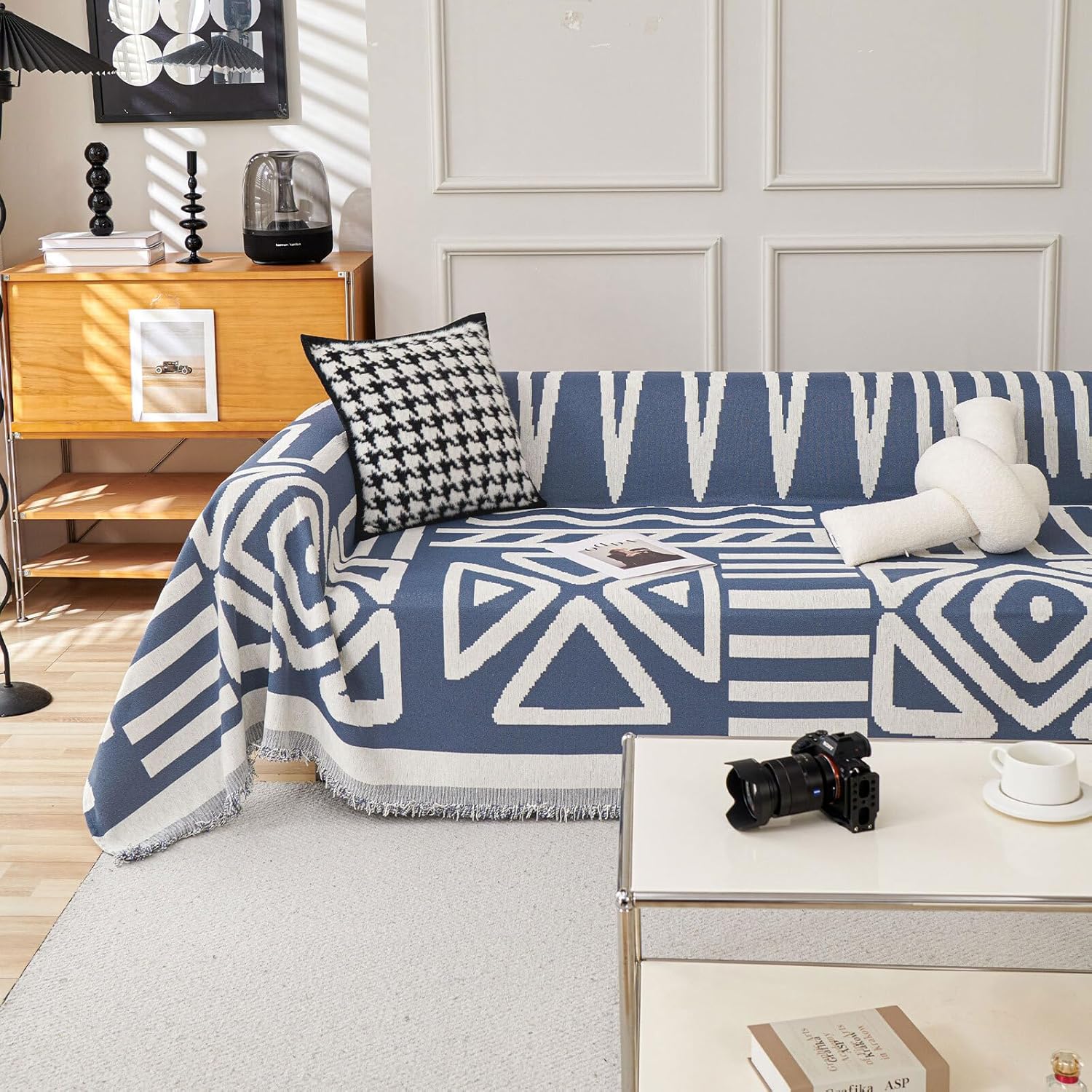 HANDONTIME Boho Couch Covers for Sofa Chenille Sofa Covers Washable Sectional Sofa Cover Blanket Geometric Reversible Couch Cover for L Shaped Couch Couch Protector for Dogs, 91" X150", Denim Blue