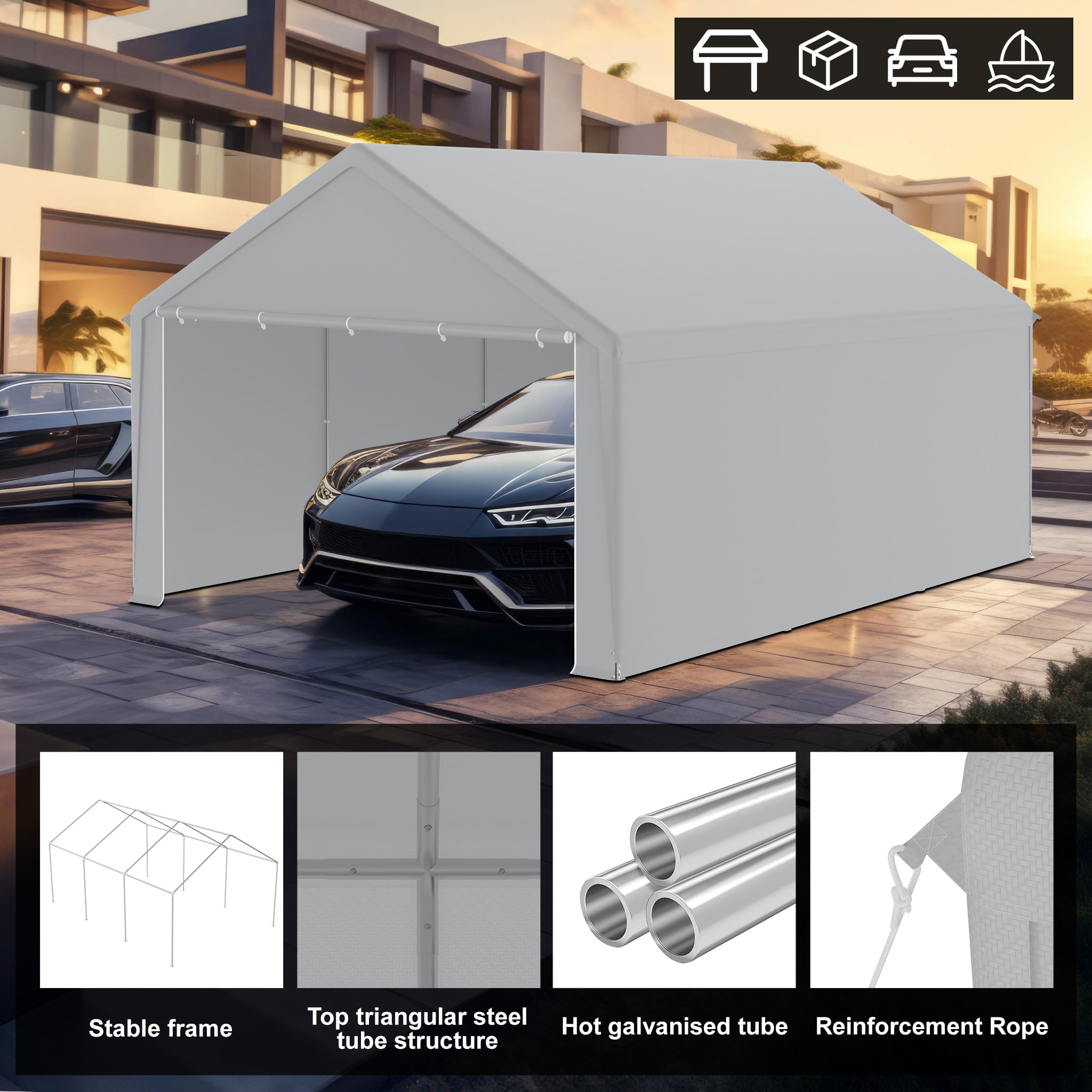 HENGMEI Zeltgarage Große Carport Garagenzelt Autoüberdachung Garagenüberdachung Lagerzelt UV-beständig Wasserdicht Unterstand mit Roll-up-Fenster (4x6 m, Grau)
