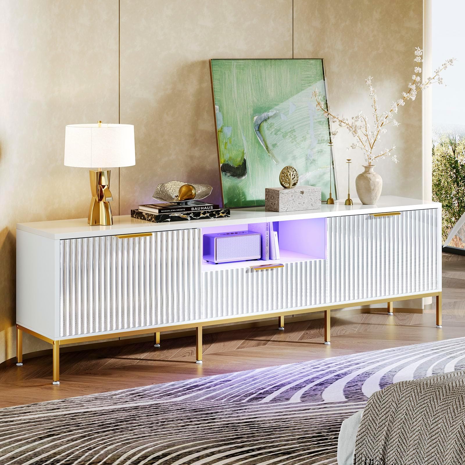 70” Fluted TV Stand for 80 inch TV, High Gloss Entertainment Center with LED Lights, Modern Media Console with Storage, TV Console for Living Room Bedroom, White