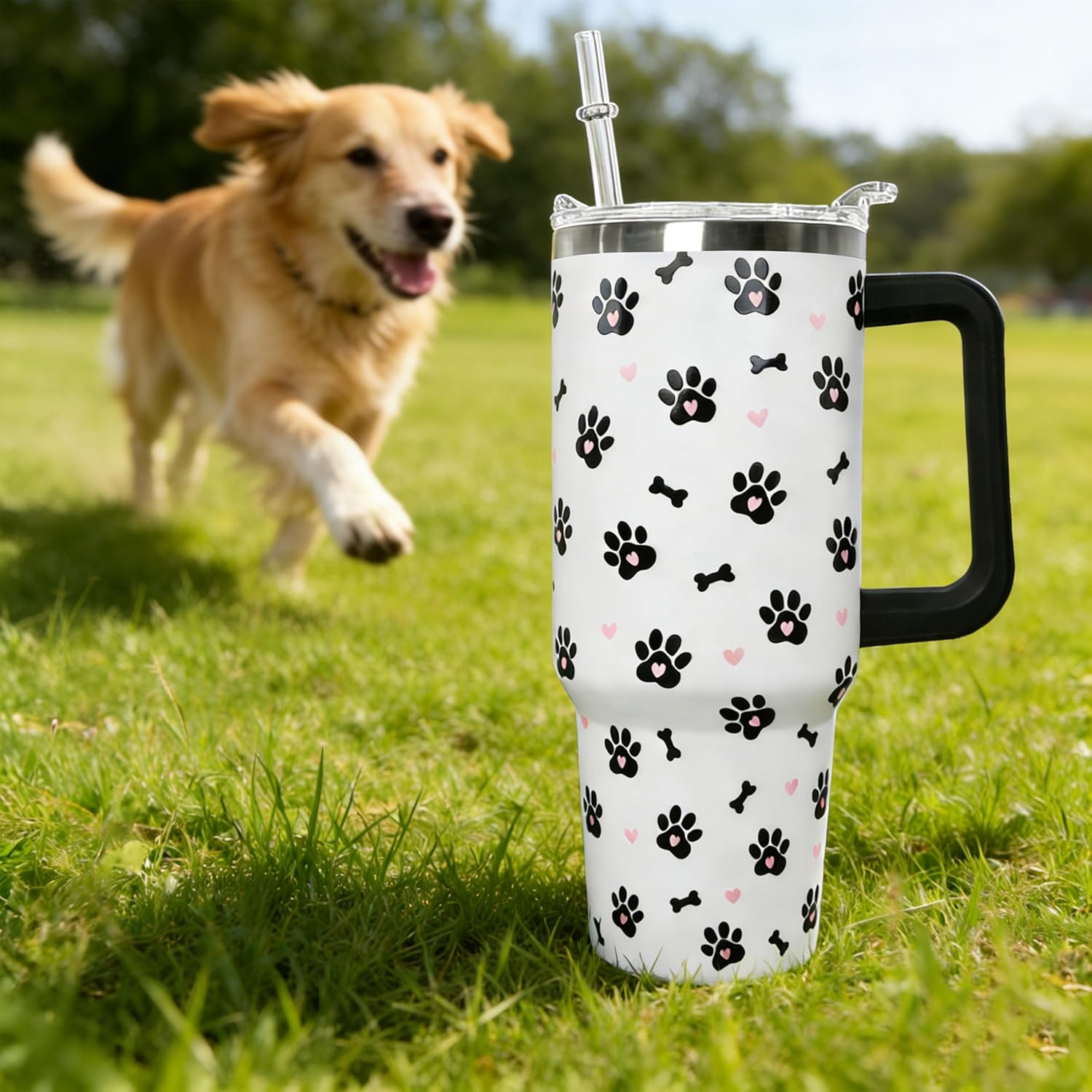 40oz Dog Paw Flip Tumbler with Handle & Straw, Vacuum Insulated Stainless Steel Flip Top Water Bottle, Cute Dog Paw Print Travel Mug, Dog Lover Gifts for Women, Pet Themed Tumbler for Car Cup Holder