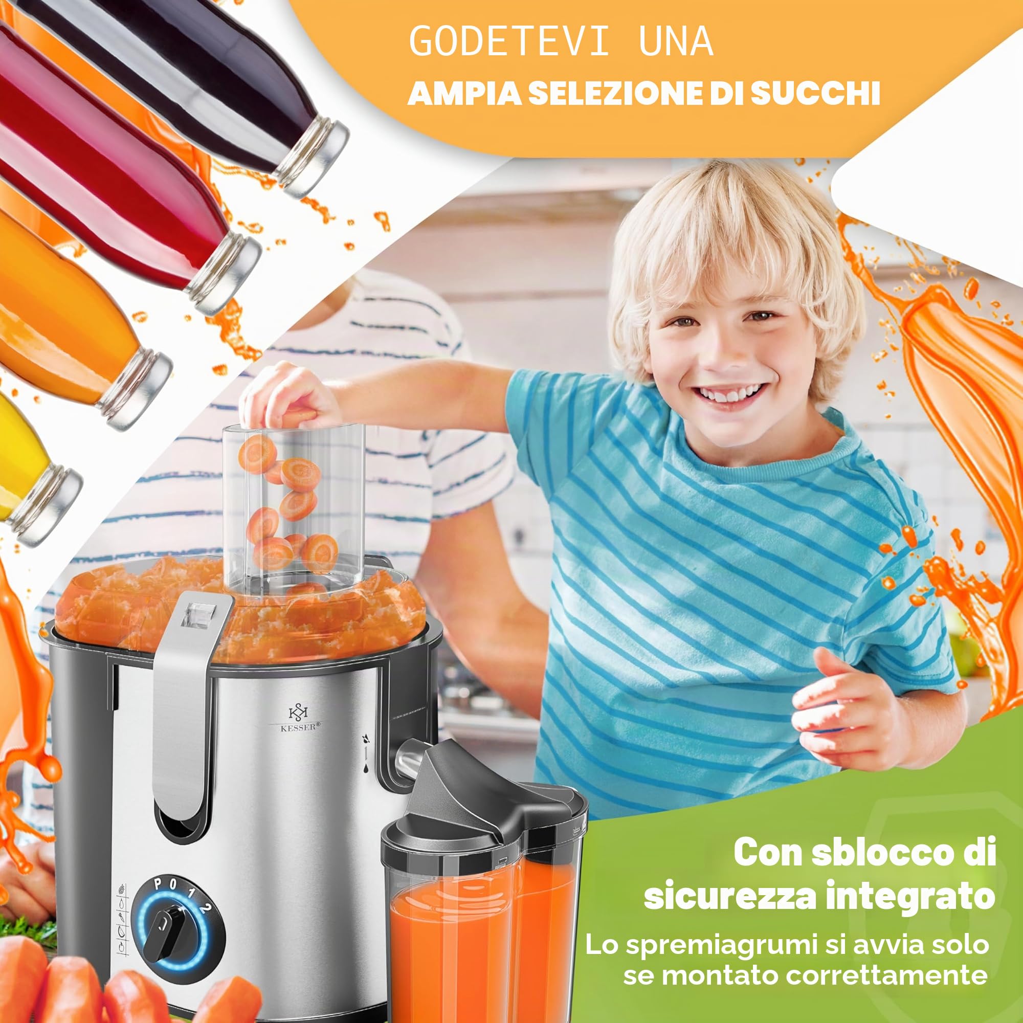 KESSER - Centrifuga Frutta e Verdura, 800W Estrattore di Succo a Freddo con 85MM Bocca Larga, Centrifuga in Acciaio Inox a Doppia Velocità con Funzione Antigoccia, Facile Pulizia, Senza BPA