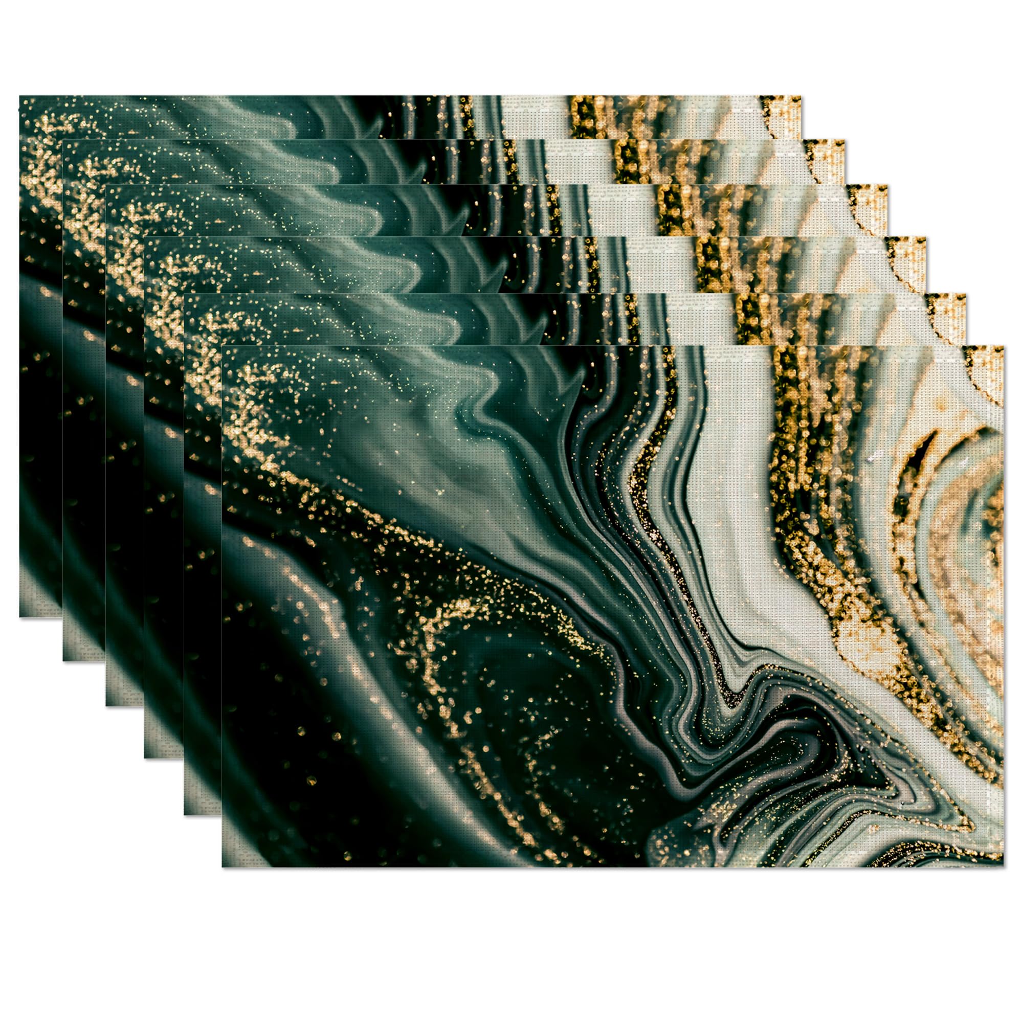 Placemats,Green Gold Flowing Marble Placemats 12x18 Inch Waterproof Non-Slip Washable Table Mats for Kitchen Dining Party Table Decor,Set of 6
