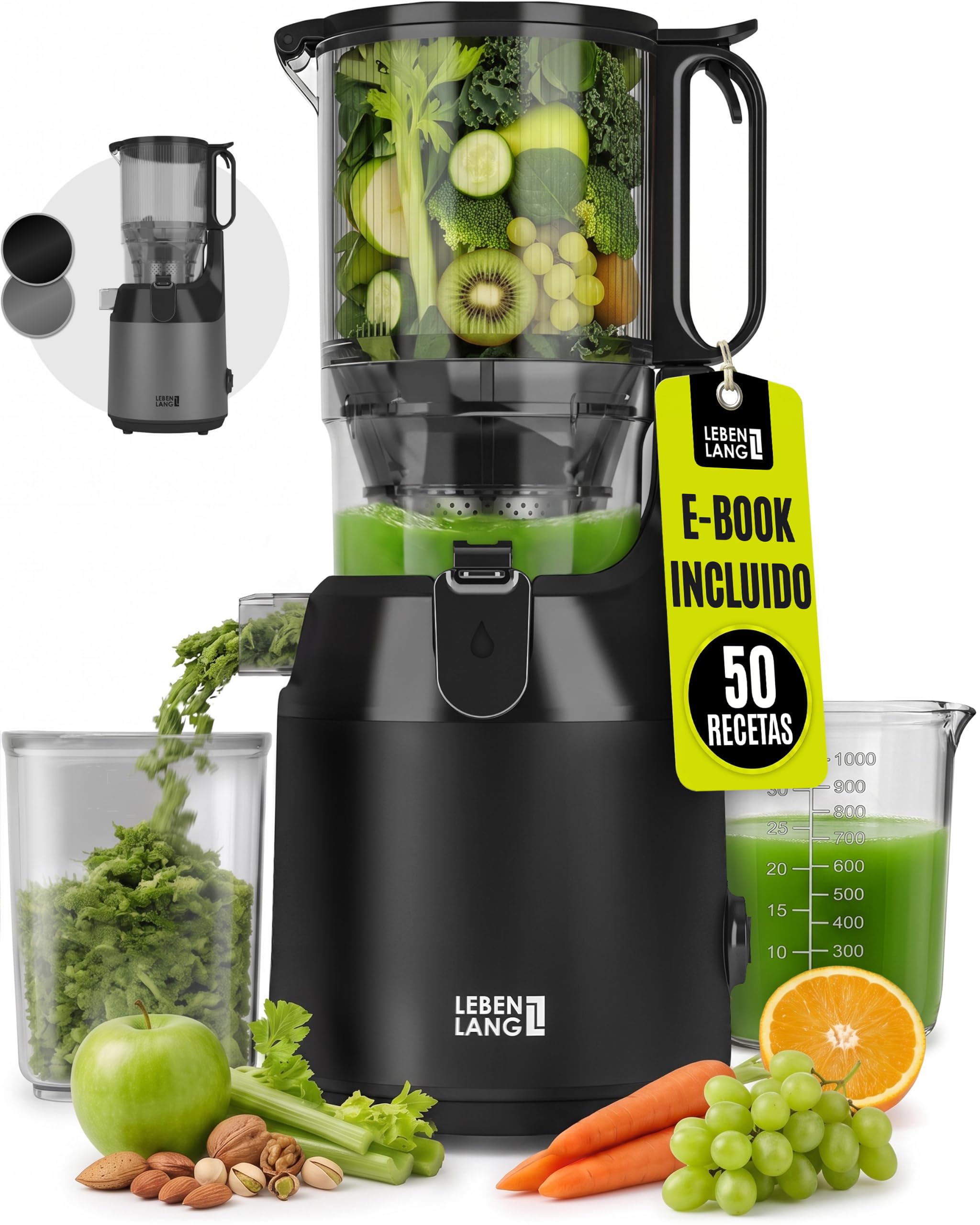 LEBENLANG Extractor de zumos y verduras - gran abertura 130 mm | Incl. libro de recetas I Perfecto para frutas enteras 100% libre de BPA I Licuadoras para batidos Slow Juicer machine