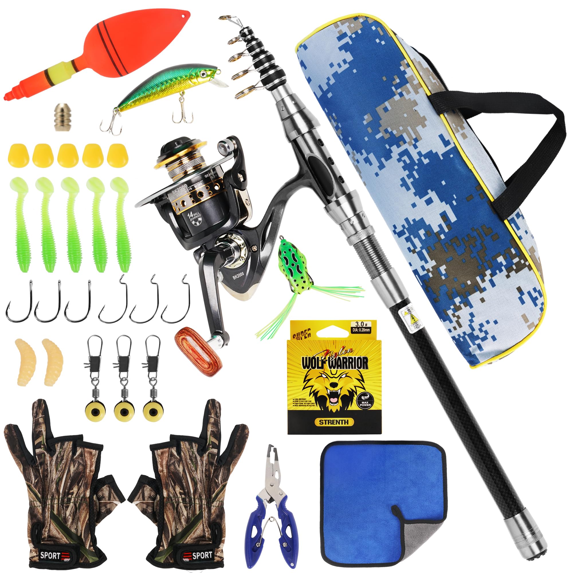 Juego de caña de Pescar telescópica y Carrete, Kit de caña de Pescar de Metal de 2,1 m con línea de Pesca/Accesorios de señuelos de Pesca/Bolsa de Transporte, para Viajes, Agua Salada o Dulce