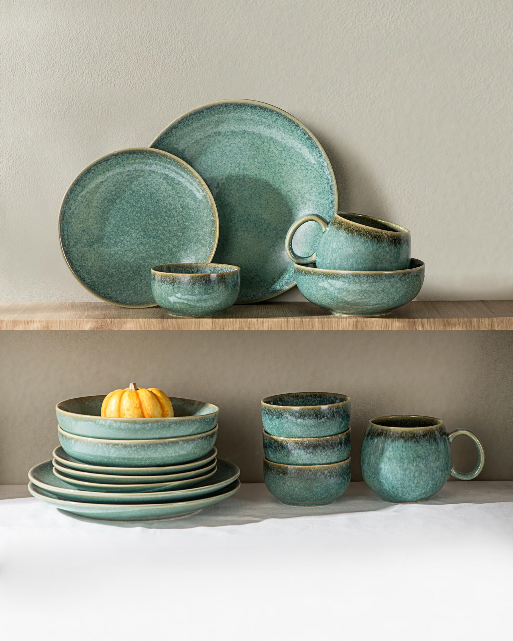 HENXFEN LEAD Speiseteller Teller Set Porzellan, 4 Teilig Pastateller Frühstücksteller, 26cm Große Essteller, Glänzend Grün