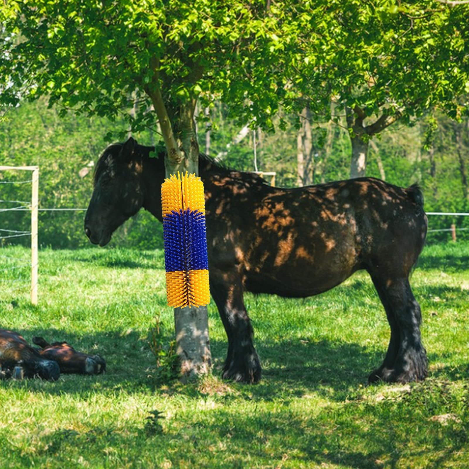 Cepillo Rascador Semicircular de 40cm para Caballo y Vaca, Alfombrilla Rascadora de Nailon para Oveja, Amarillo Azul