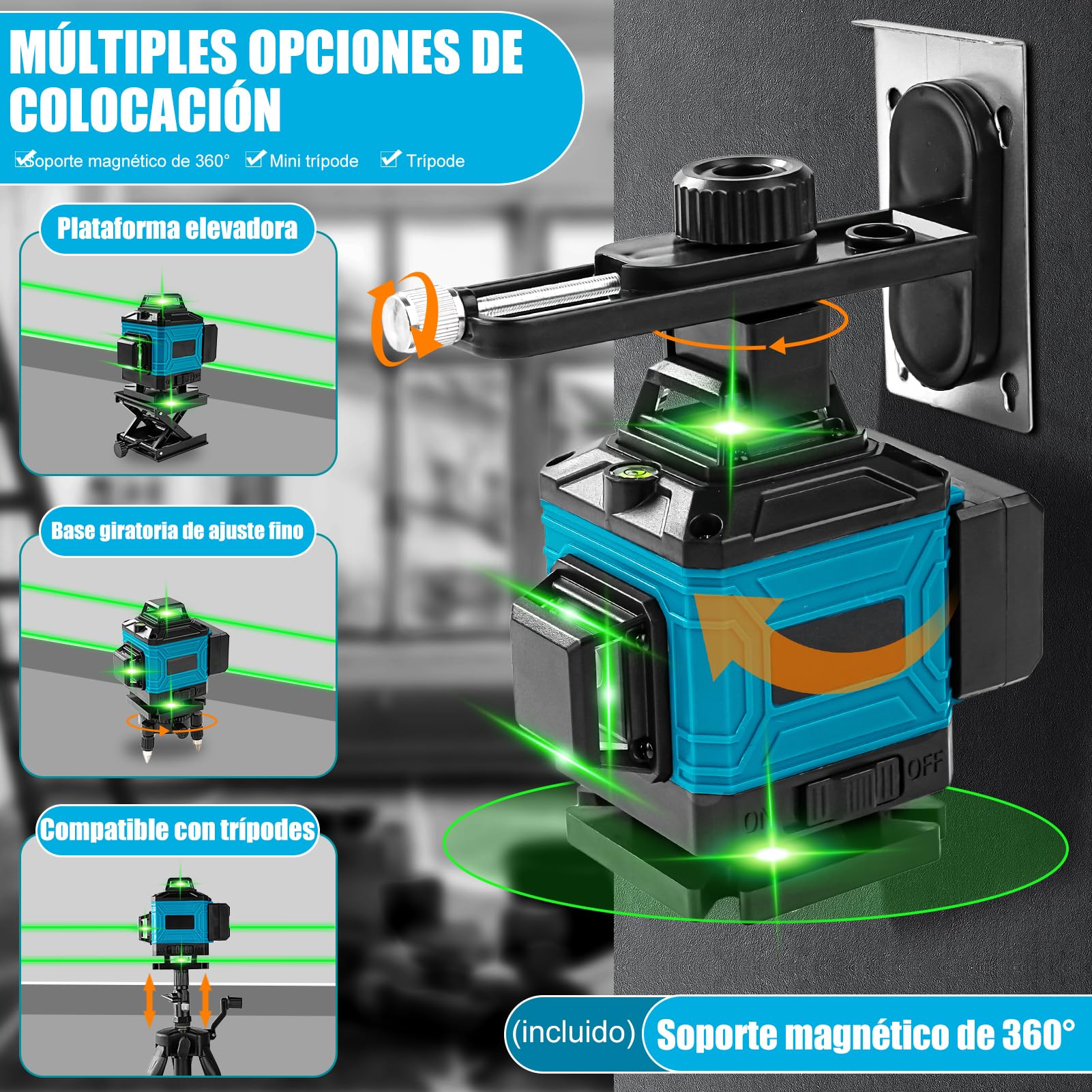 Nivel Laser Autonivelante 360 Grados, Nivel Láser Verde 16 Líneas, Láser de obra horizontal y vertical Haz con control remoto y 2 x 4800mAh Baterías para obras en interiores(azul)