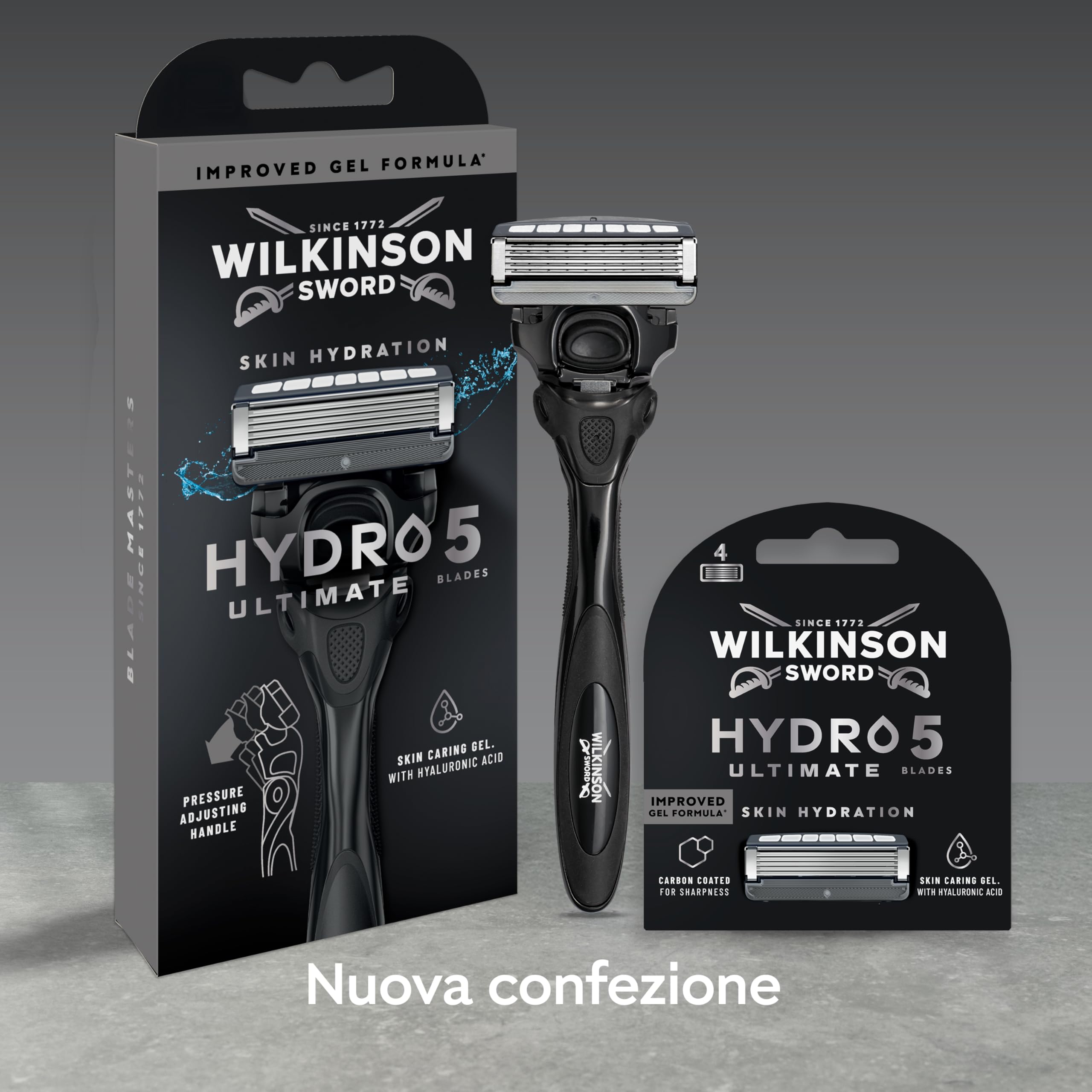 Wilkinson Sword Hydro 5 Ultimate, rasoio da uomo, formato convenienza, con acido ialuronico e lame rivestite in carbonio, manico + 5 ricariche