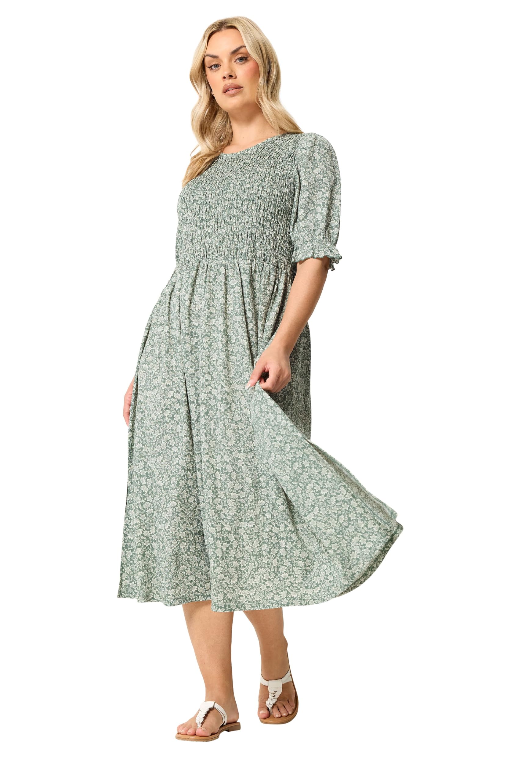 Yours Women's Light Green Shirred Ditsy Floral Dress In Size 20