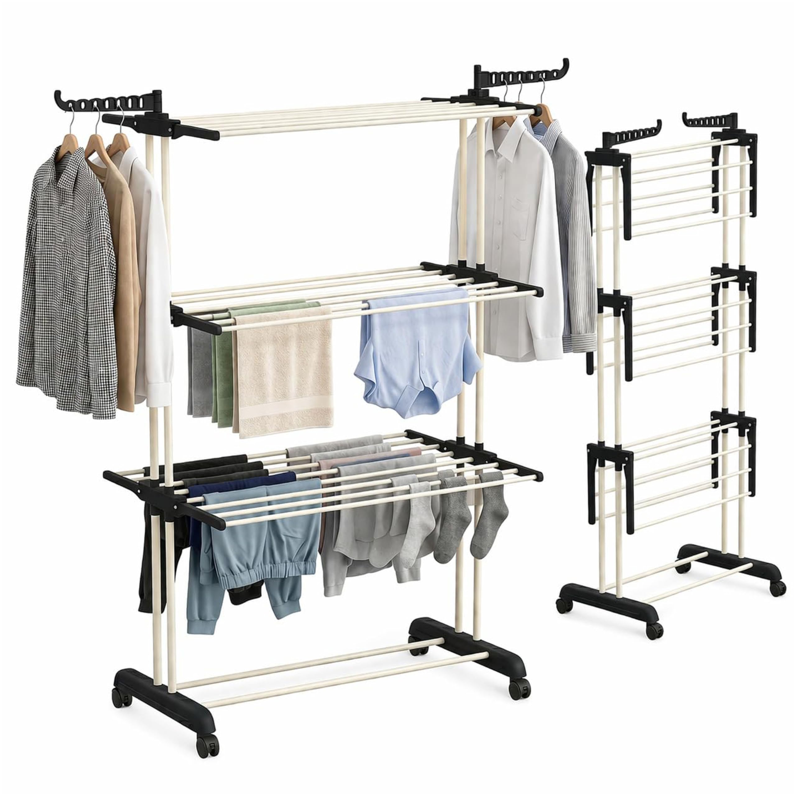 Heavy Duty Clothes Airer, Large 4-Tier Foldable Clothes Drying Rack With 2 Adjustable Side Wings & Wheels, Space Saving Free-Standing Laundry Rack For Indoor-Outdoor 87Γ57Γ164 cm Grey&Black