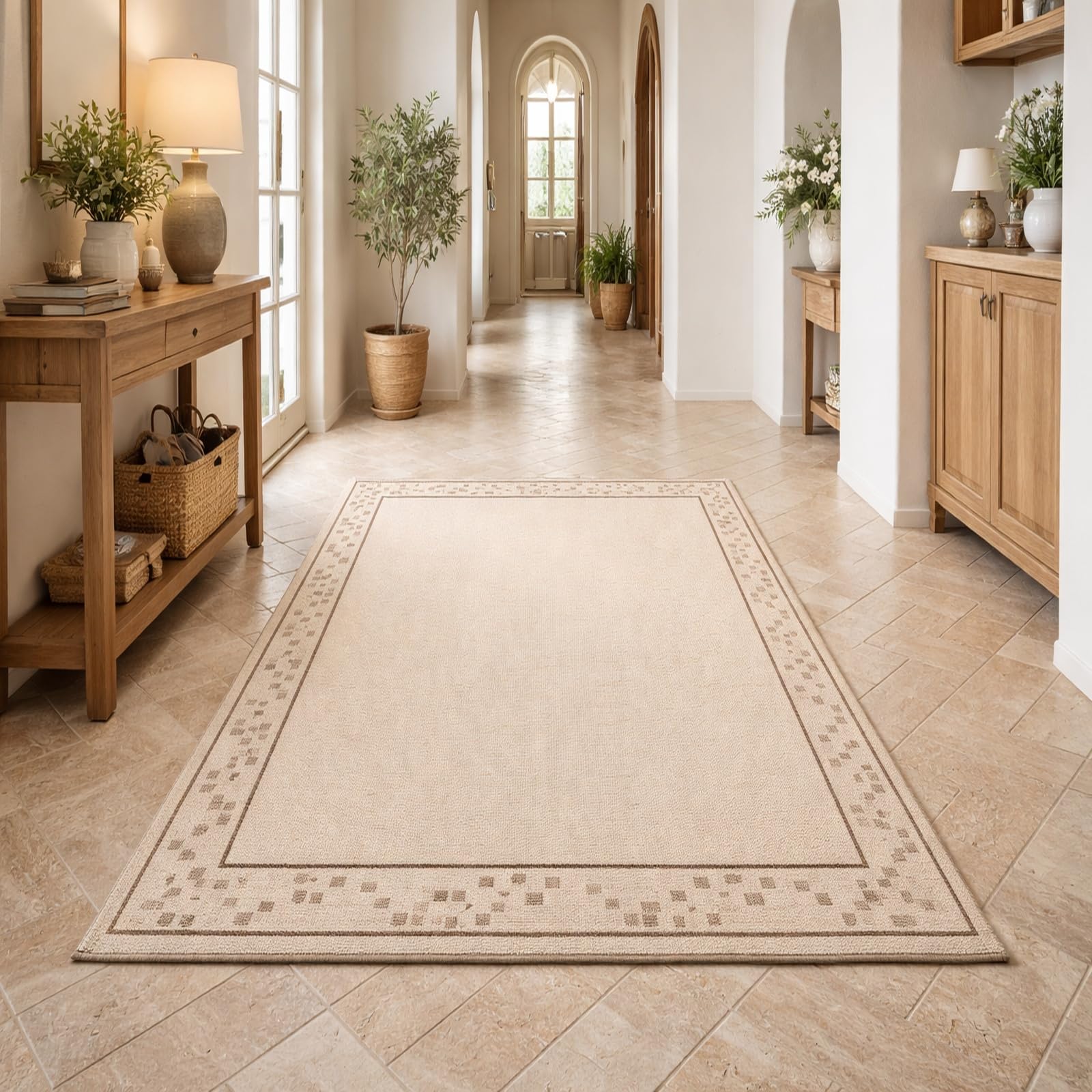 Grand tapis de salon beige et marron géométrique 200 x 280 cm