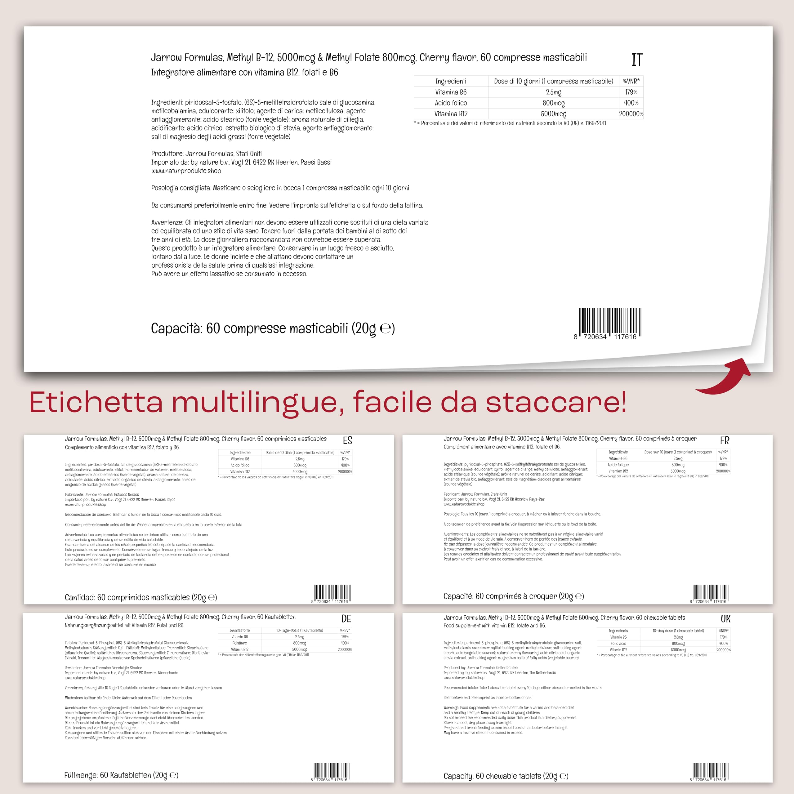 Jarrow Formulas, Methyl B12, 5.000mcg/Methyl Folate 800mcg, Deposito per 10 Giorni, Gusto Ciliegia, 60 Compresse vegane, Testate in Laboratorio, Senza Glutine, Vegetariane, Senza Soia, Senza OGM