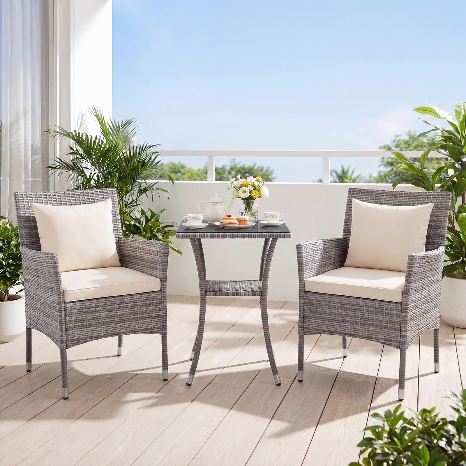 LIFEZEAL Juego de 2 Sillas de Jardín de Ratán PE y Mesa Auxiliar, Sofá con Cojines Desmontables y Mesa de Café de Cristal Templado, Set de Jardín para Tomar el Sol, Piscina y Patio (Beige)